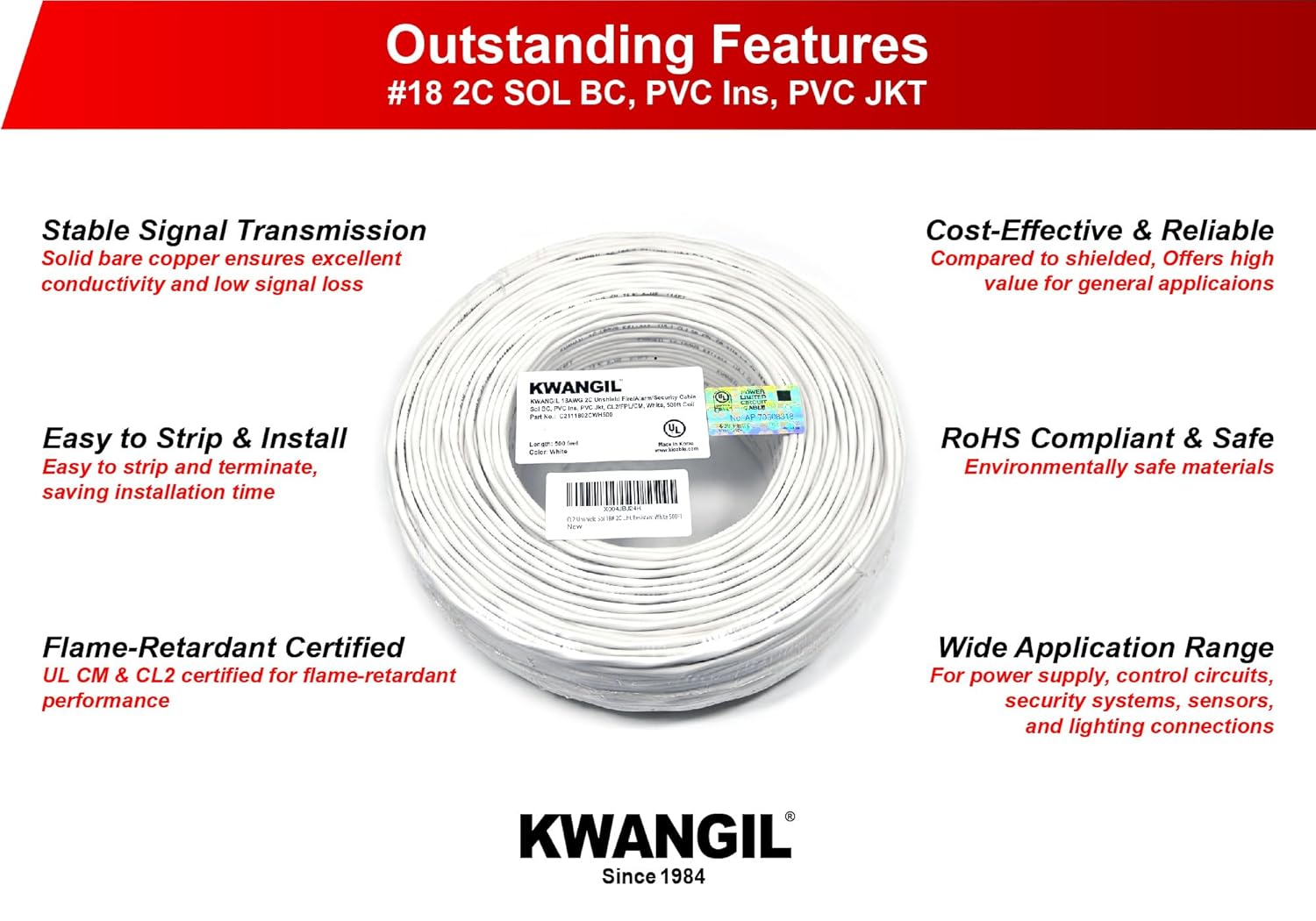 CL2 18AWG 2 Unshielded Conductor Cable SOL BC for General Purpose Low Voltage LED in-Wall Cable Sunlight Resistant White Sleeve 500FT