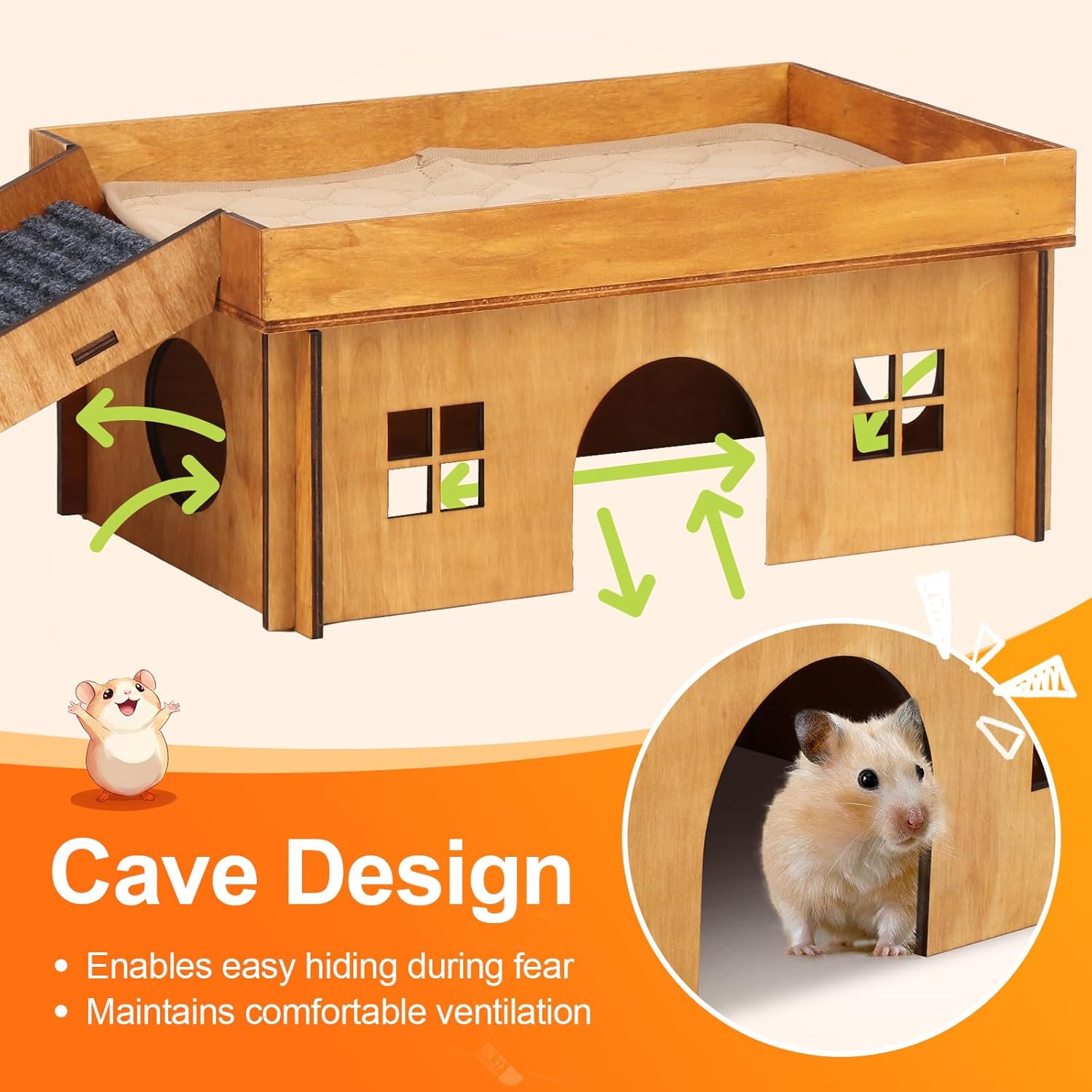 Large Rabbit Hideout, Rabbit Houses and Hideouts, Wooden Bunny House and Hideouts, Bunny Castle with Stair, Chinchilla and Guinea Pigs Hut Hideout（Excluding String Lights）