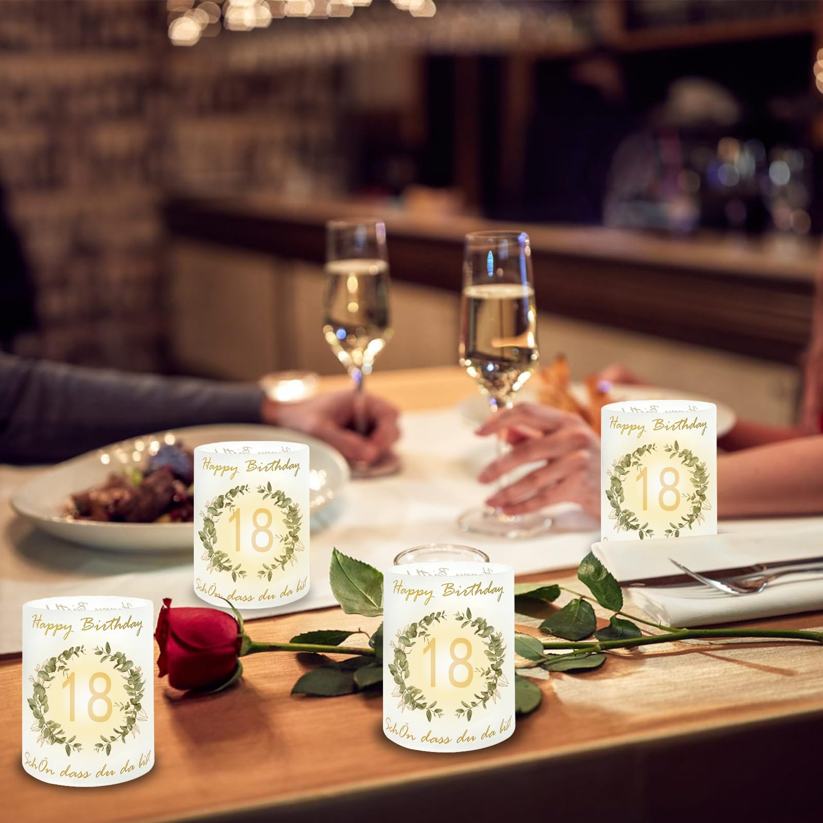 O-Kinee Lot de 12 photophores pour décoration de table d'anniversaire, pour femmes, hommes, filles, garçons, pour bougies chauffe-plats ou bougies, « Schön dass du da bist » et eucalyptus