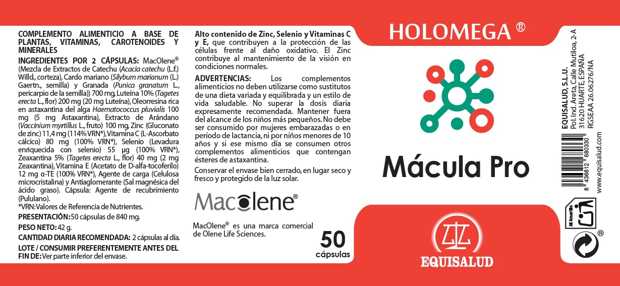 Equisalud - Holomega Mácula Pro con Luteína y Zeaxantina 50 Cápsulas | Apoyo nutricional para la visión normal con Zinc, Astaxantina, Arándano y antioxidantes de origen vegetal
