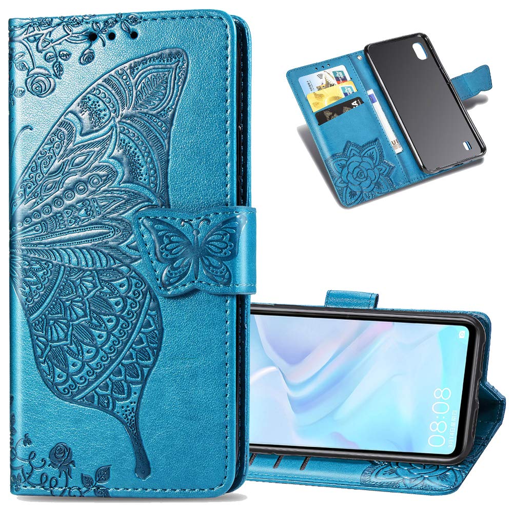 LEECOCO Samsung Galaxy A10 Case Premium PU Leather Flip Wallet Case Butterfly Embossed Full Body Protection Flip Stand Card Holder Magnetic Cover for Samsung Galaxy A10 Big Butterfly Blue SD