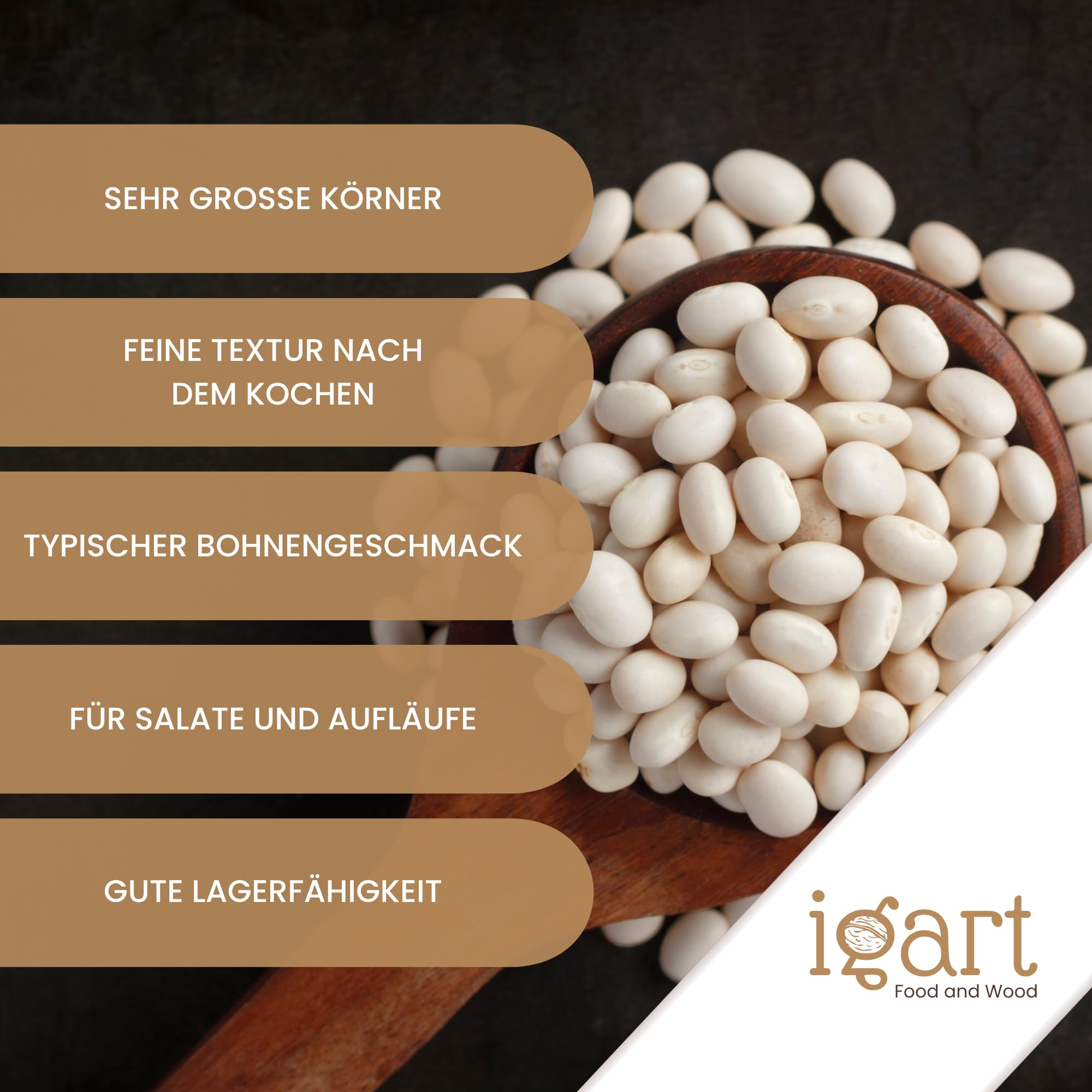 IGART FOOD & WOOD Weiße Bohnen Jaś Karłowy (Buschbohne) Trockene Körner Klein 1,5–2 cm Ohne Zusätze, 10kg