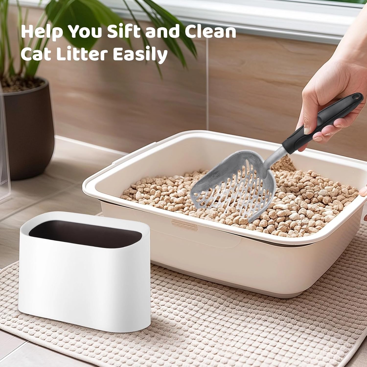 Fast Sifting Cat Litter Scoop with Holder, Aluminum Poop Collector, Litter Cleaning Kit with Trash Bin
