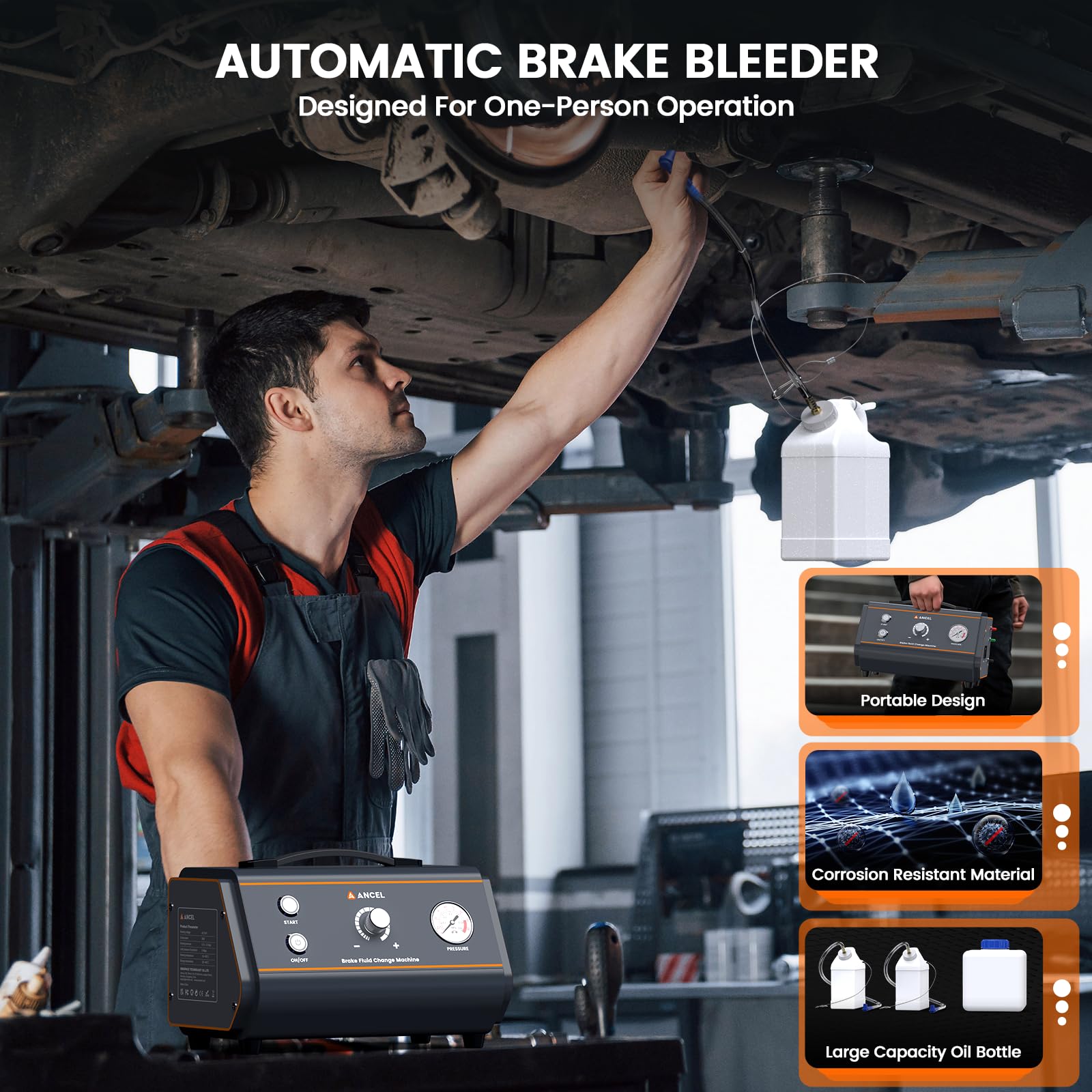 ANCEL BR1000 Automatic Brake Bleeder Kit, One Person Professional Vacuum Brake Pressure Bleeder, Adjustable Pressure Brake Fluid Exchanger Machine with Low Fluid Protection and External Fuse