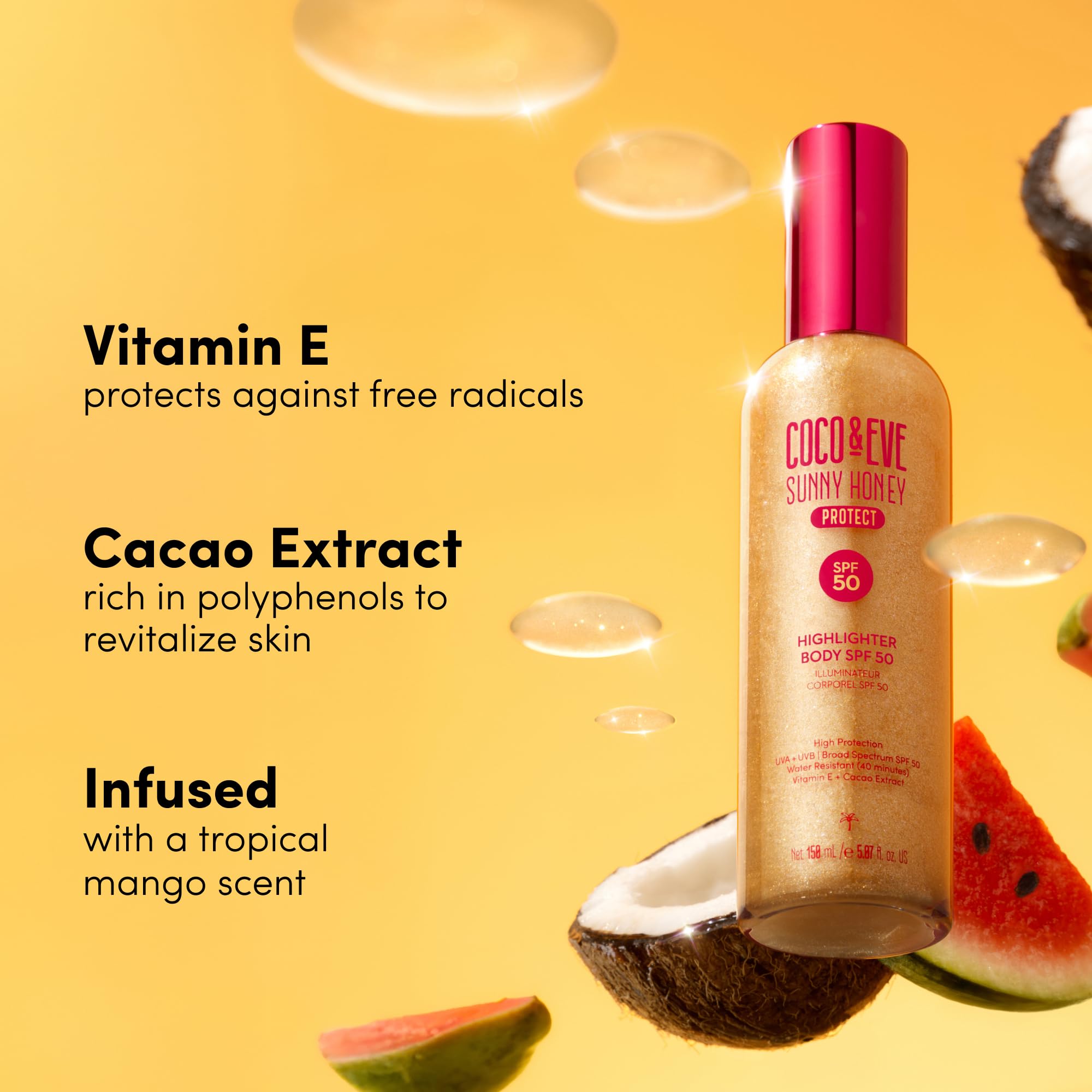 Coco & Eve Body Highlighter SPF 50 – Shimmer Sunscreen, Broad Spectrum Sun Protection, Lightweight Serum-Like Lotion with Pearlescent Minerals & Vitamin E for Hydrated & Glowing Skin, 5.07 Fl Oz