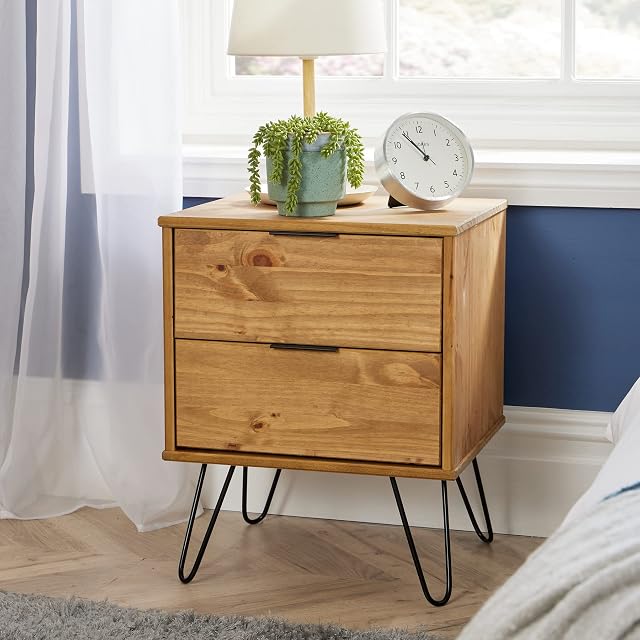 Home Source Industrial Wooden Bedside Cabinet End Side Tables Nightstand Storage, Brown, 2 Drawer