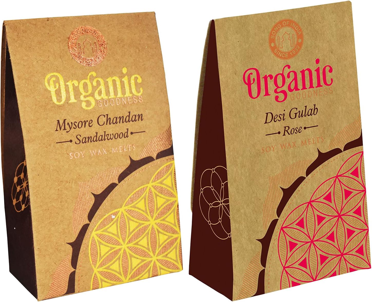 Song of India Organic Goodness Soy Wax Melt, 40 g, Pack 2. 14 to 15 Tablets | Mysore Chandan - Sandalwood, Desi Gulab - Rose | Amazon Exclusive