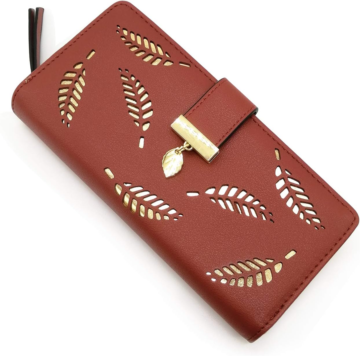 Women's Long Purse Leather Medium Wallet Leaf Bifold Card Coin Holder Small Purses Buckle Zipper Clutch (Brown)-by Vodiu
