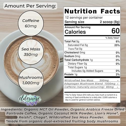 Miniatura 2 de Elderwise Coffee - Latte - Melena de León, Chaga, Reishi, Cordyceps, aceite MCT, crema de coco y musgo marino - 12 porciones - Café instantáneo