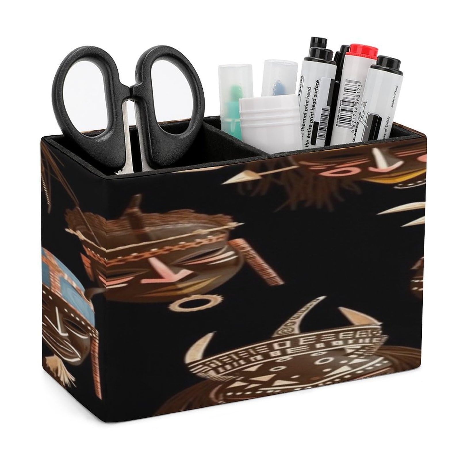 VstaDank African Ritual Ethnic Tribal Pen Holder Double Compartments Pen Cup Fashion Makeup Brush Holders Leather Pencil Holder for Work Locker Accessories Modern Pencil Cup for Desk Organizer
