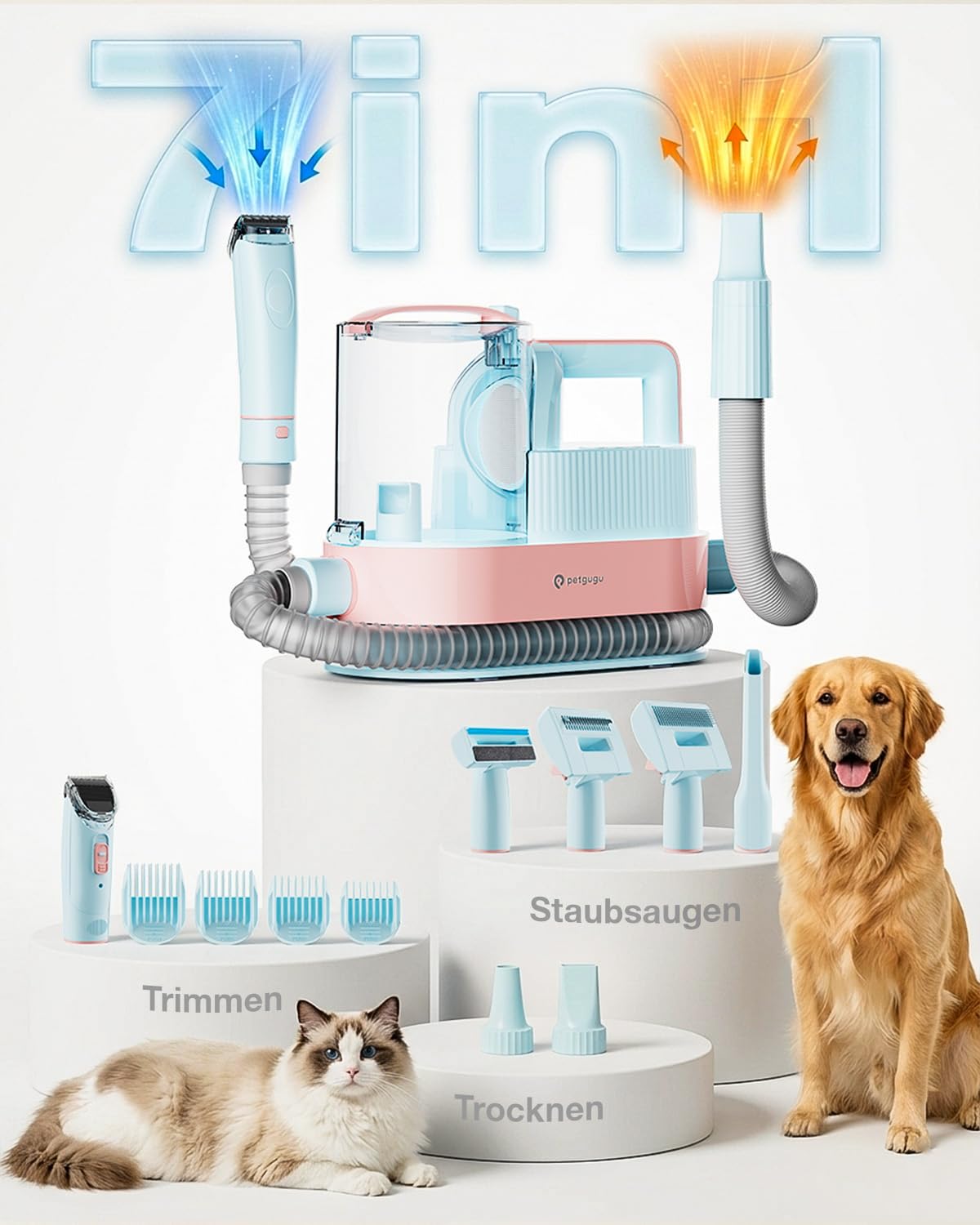 PETGUGU Hundeschermaschine mit Staubsauger, 7-in-1 Tierpflegeset für Hunde und Katzen, leiser Hundestaubsauger mit 11000 Pa, 2,5L Behälter und 3 Saugstufen, Tierhaarschneidemaschine M1 Pro, Blau