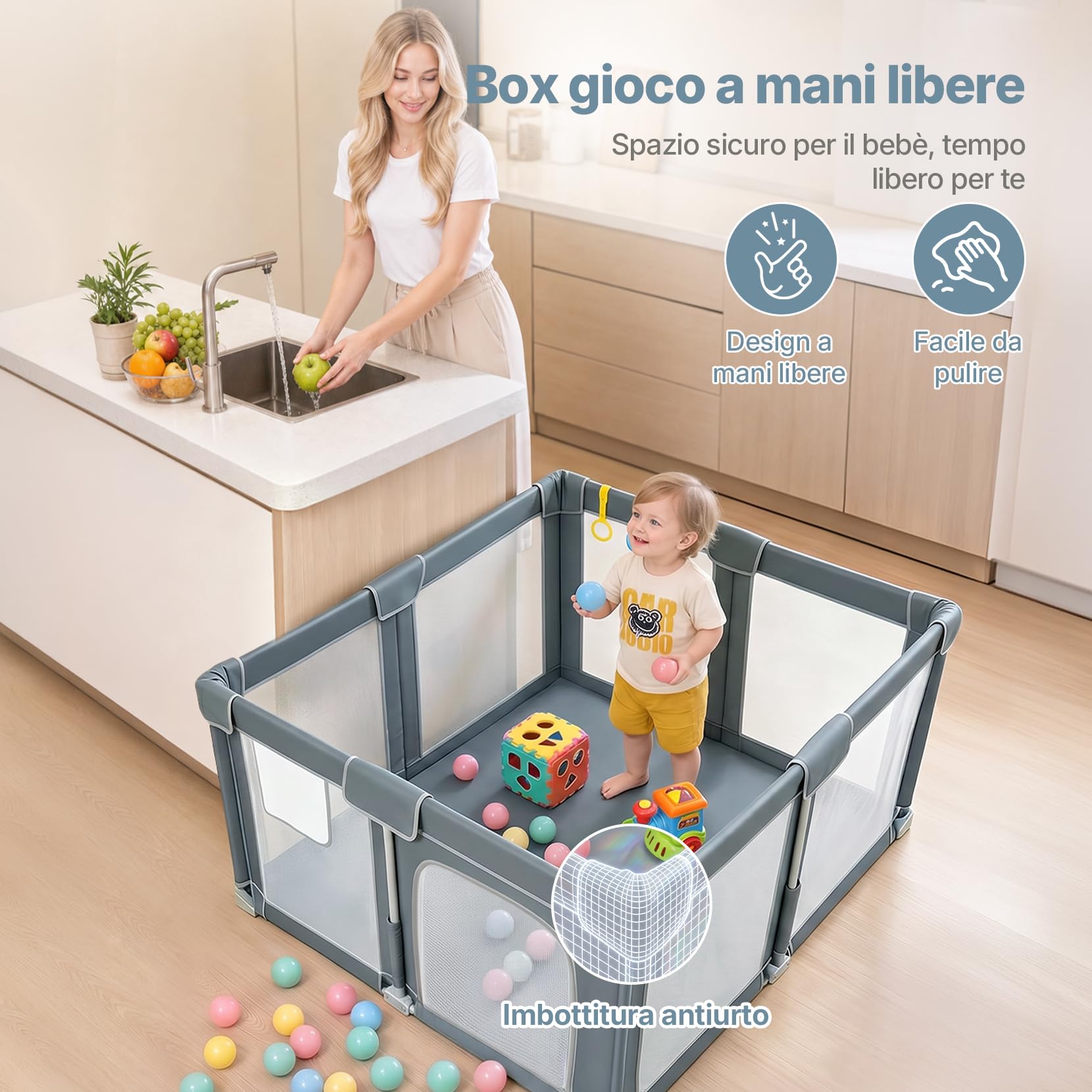 Dripex Box Bambini Pieghevole in Tessuto, 130x130 cm, con Tappeto Imbottito, Recinto Giochi Bebé Grigio Scuro, Area Gioco Protetta per Interno ed Esterno, con Borsa Trasporto, Anelli e Palline
