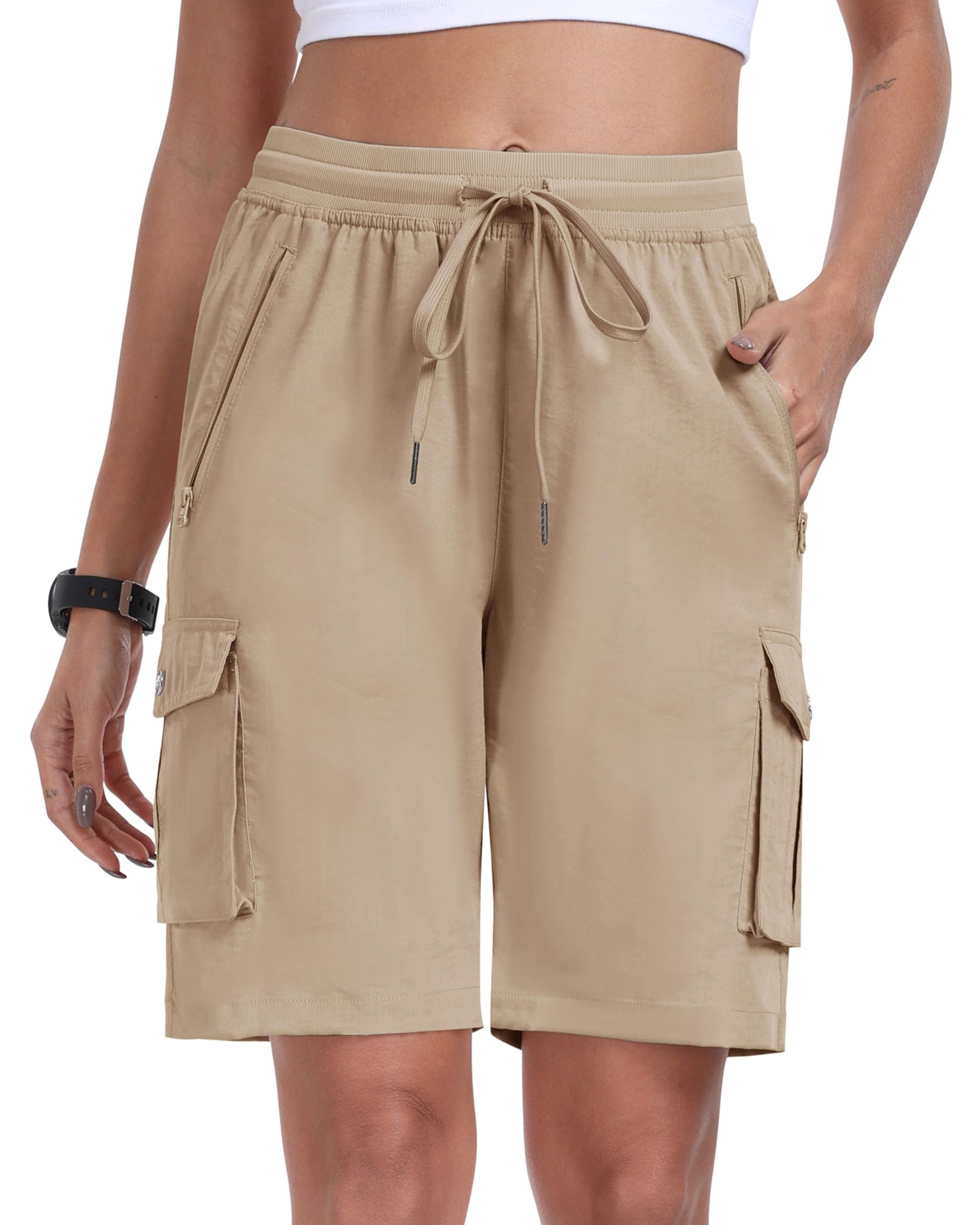 MoFiz Pantalones Cortos Cargo Mujer Bermudas Shorts Cintura Elástica Ligero Secado Rápido Pantalón Cortos de Trekking Senderismo Ocio Trabajo Jogger