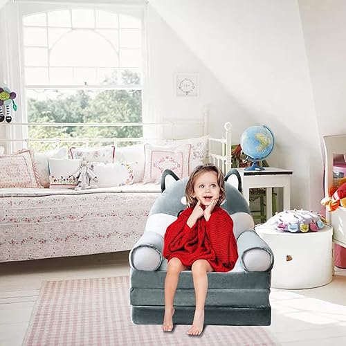 Miniatura 2 de Funda plegable de felpa para sofá para niños, sillón con respaldo 2 en 1, sofá plegable para niños, bonito sofá perezoso de dibujos animados, sofá