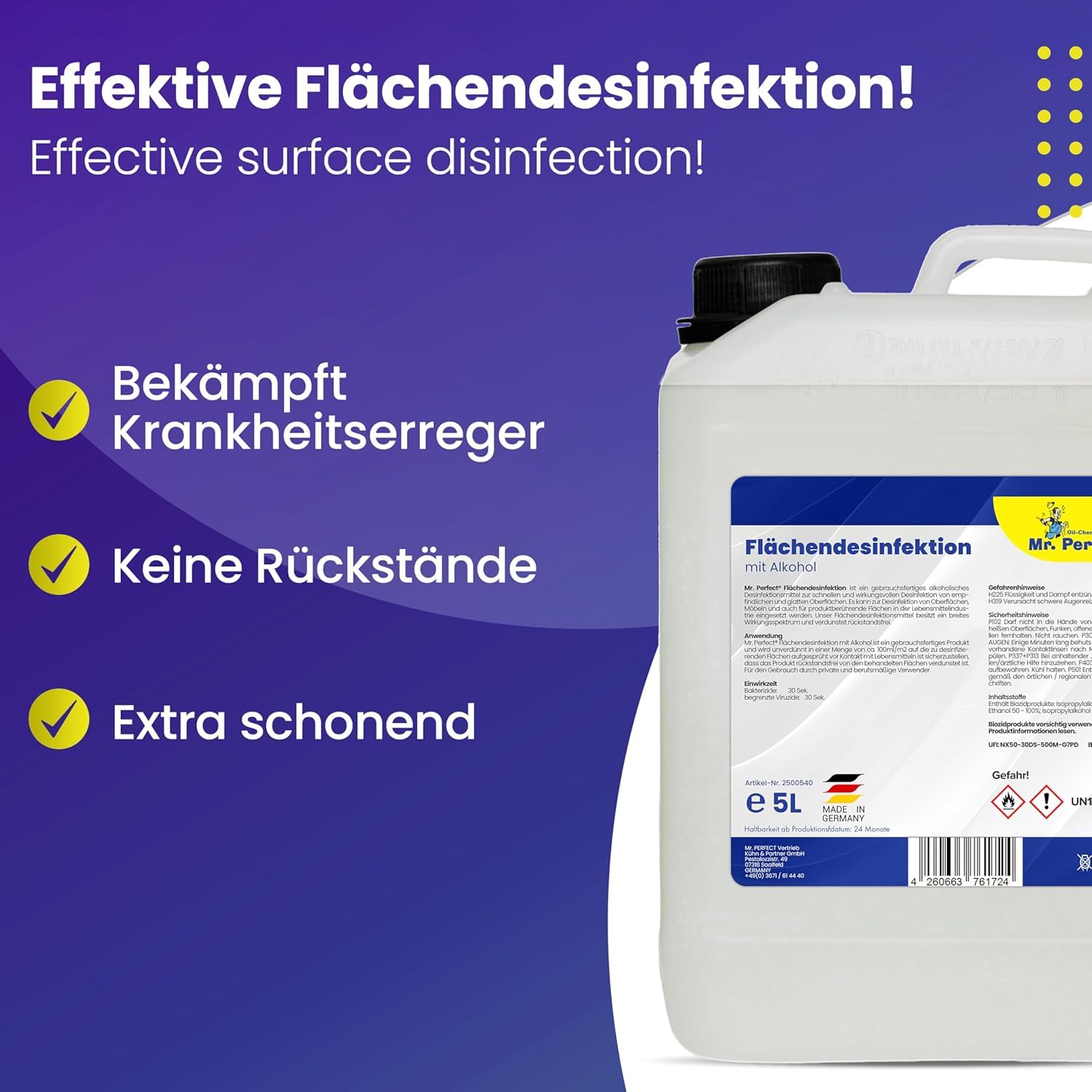 Mr. Perfect® alkoholisches Flächendesinfektionsmittel 5L Kanister + 1L Spray | Hochwirksame Flächendesinfektion mit Alkohol | Desinfektionsmittel für alle glatten Oberflächen | Bundle Set