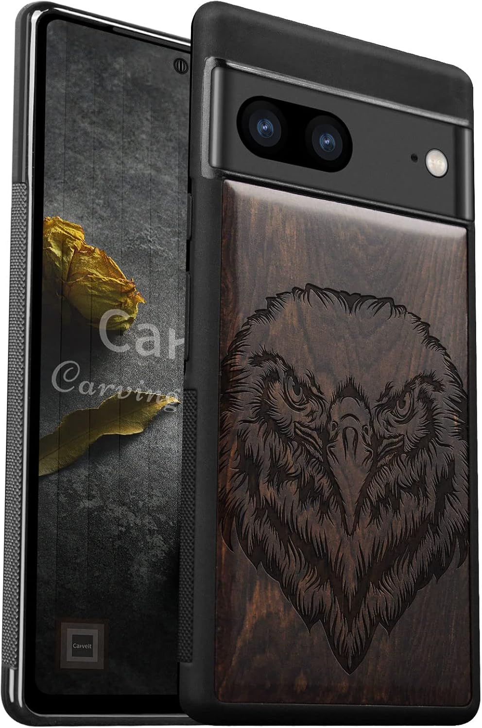 Carveit Wood Case for Pixel 7 Case [Natural Wood & Black Soft TPU] Shockproof Protective Unique & Classy Wooden Cover Compatible with Google Pixel 7 (Eagle Sculpture-Blackwood)