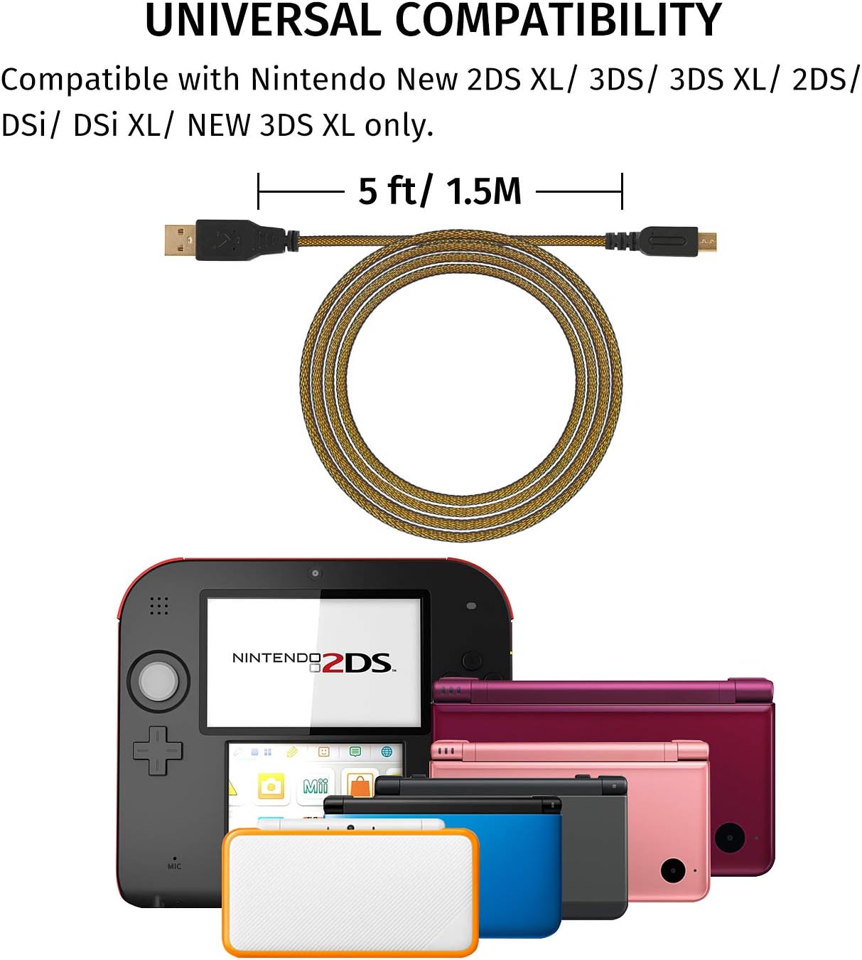 HDE USB Power and Data Cable for Nintendo New 2DS XL / 2DS / New 3DS XL / 3DS / DSi / DSi XL Charger and Data Sync Adapter with Braided Cord