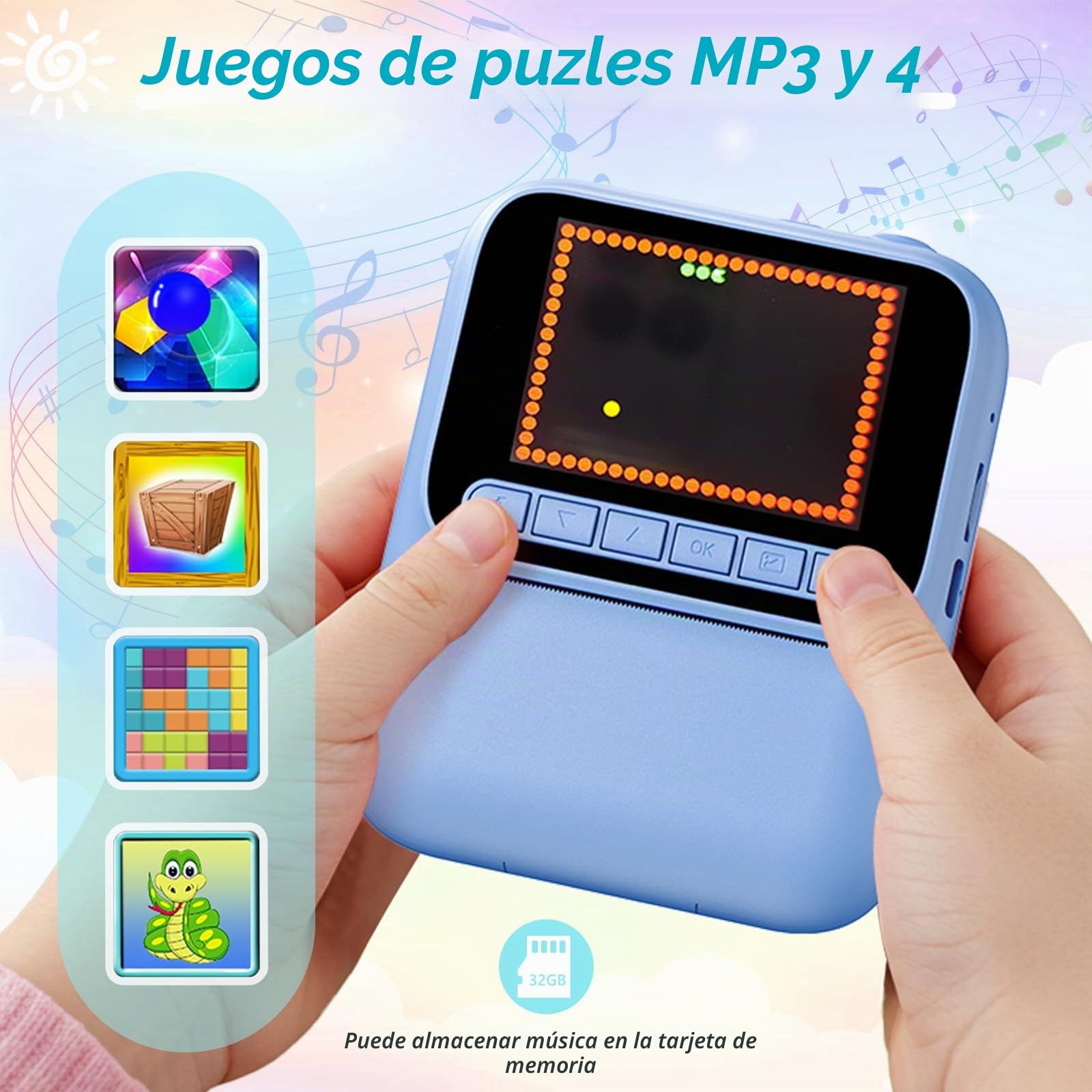 Cámara de Fotos Instantáneas para Niños,Camara Instantánea de 1080P con 5 Rollos de Papel de Impresión,Tarjeta de 32GB y Bolígrafos de Colores,Cámara Digital Portátil para Niños de 3-14 Años (Azul)