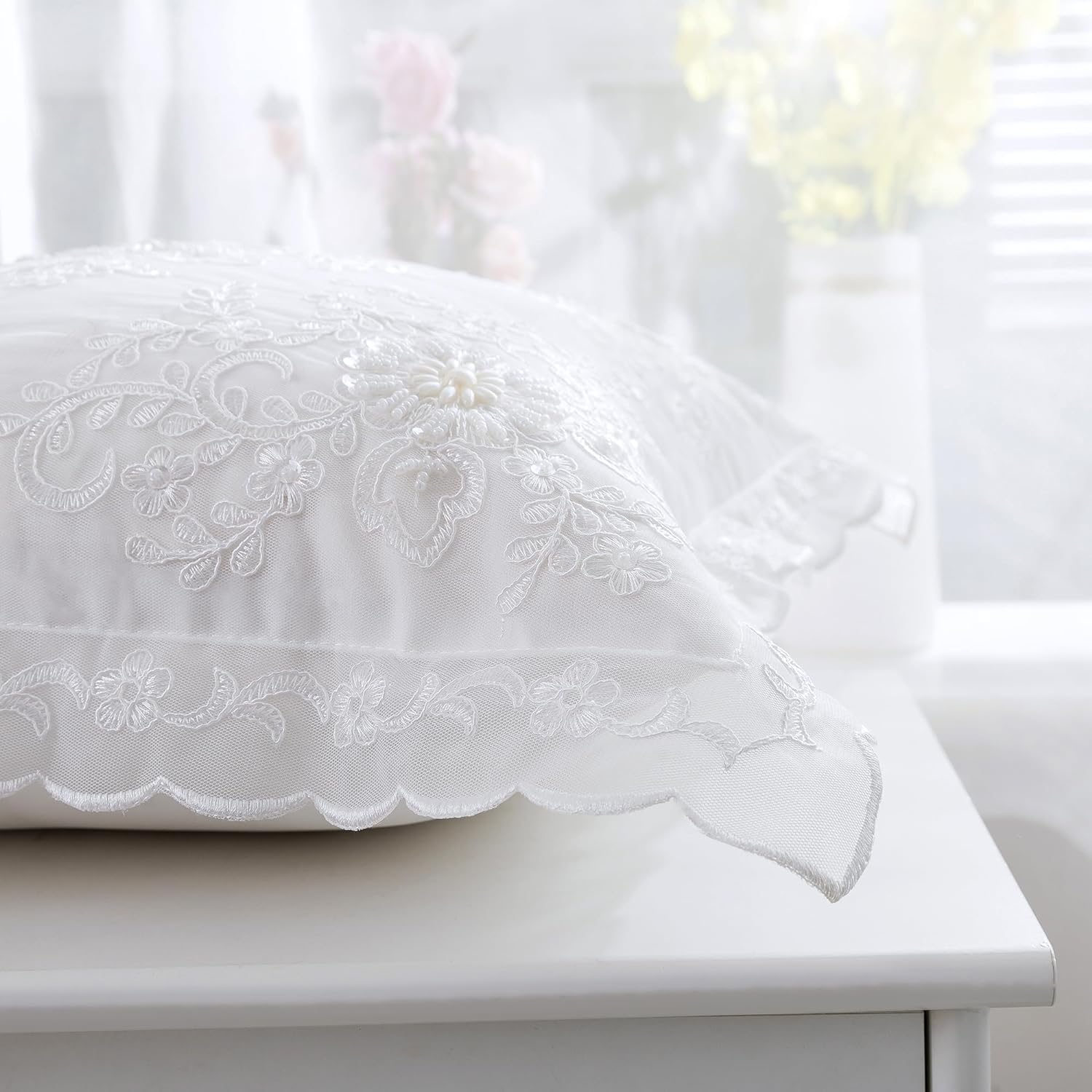 Beaded Throw Pillow Cover 16x16 Inch, White Throw Pillow Cover, Euro Sham，Cushion Sham- Beautiful Elegant Accessory to Dress Up Couch Sofa & Bed - Cover Only - 1 Pack