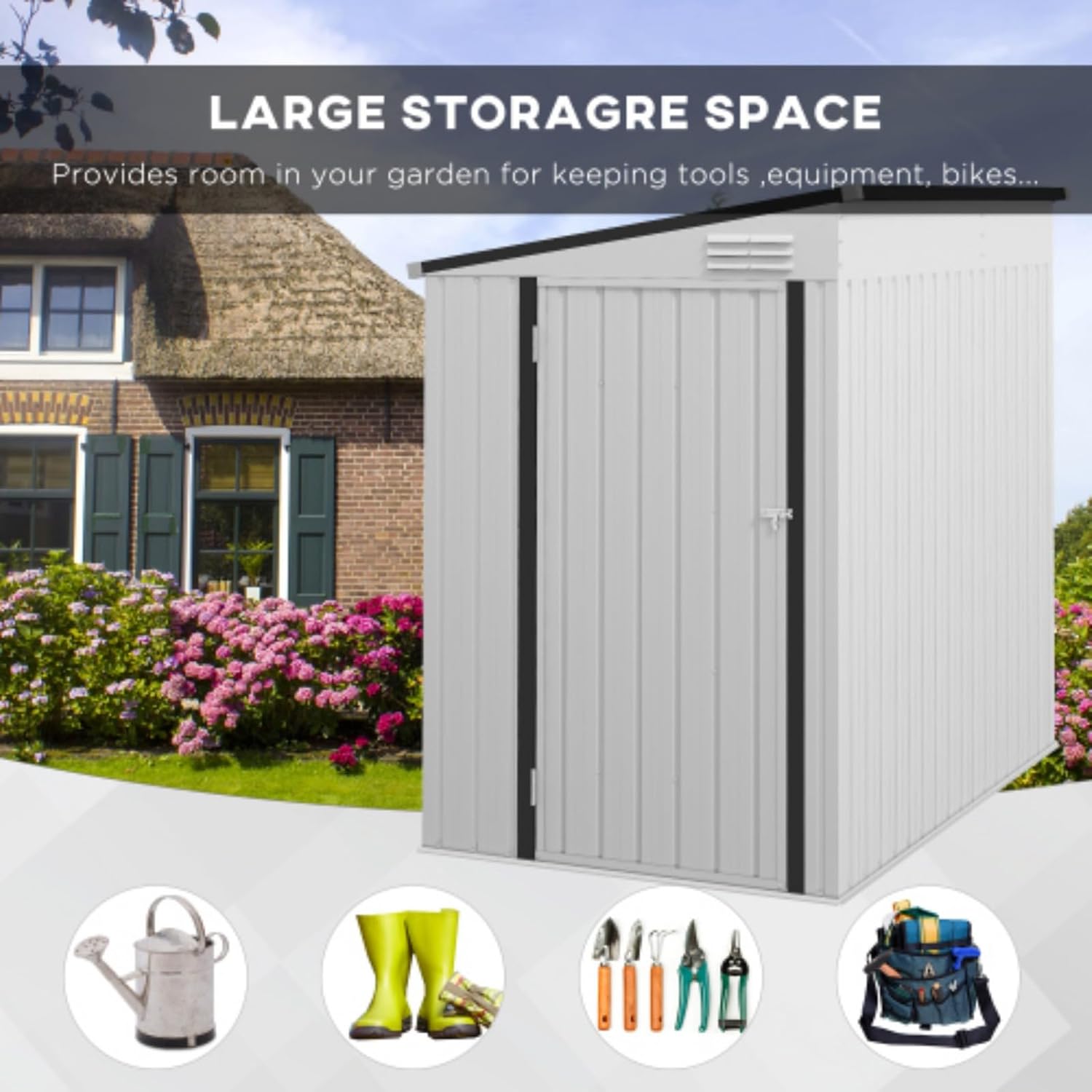 4' X 6' Yard Storage, Outdoor Storage Shed, Metal Storage Shed, Galvanized Metal Garden Tool Shed, Lockable Door and 2 Vents, Backyard, Bike, Patio, Garage, Lawn, White