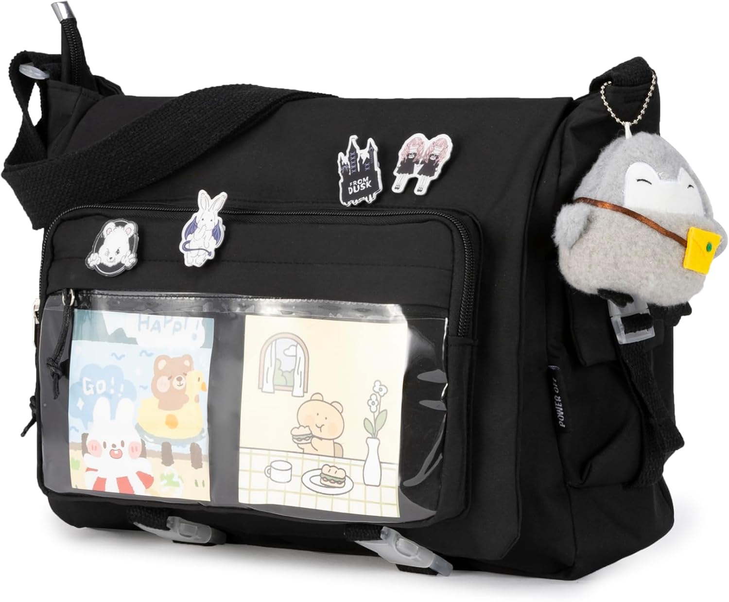 Kawaii Crossbody Ita Bag for Women with Pin and Plush Penguin, Cute Messenger Bag Japanese Crossbody Bag Y2K Purse