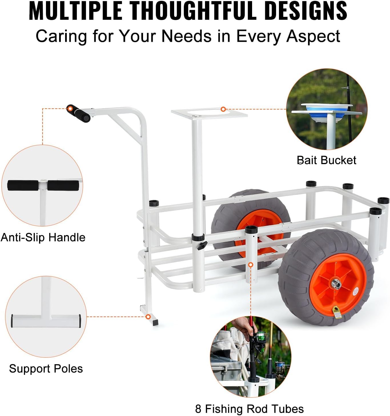 Happybuy Beach Fishing Cart, 350 lbs Capacity, Heavy-Duty Aluminum Pier Trolley with 16" PU Balloon Tires, 8 Rod Holders, for Fishing, Picnic, Sand Use