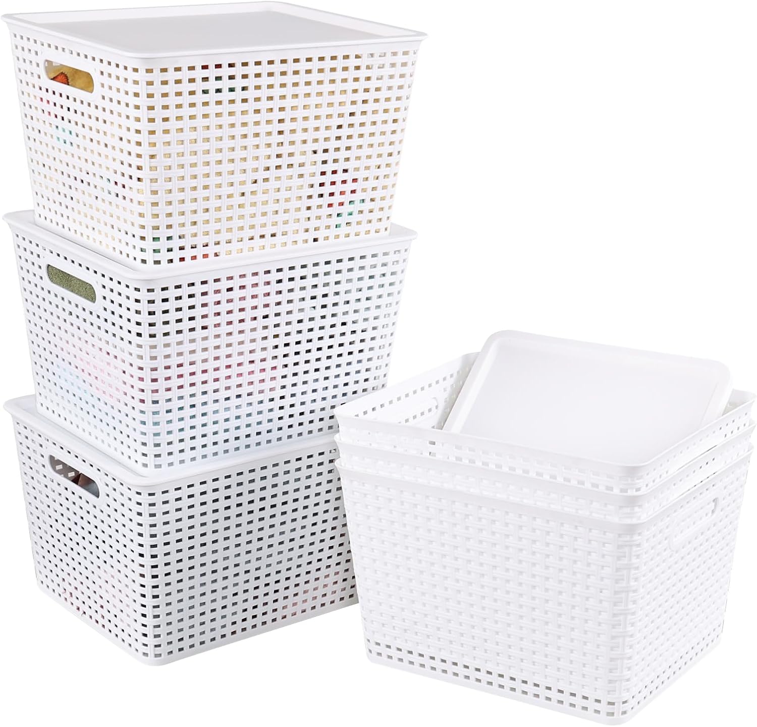 6 Pack Large Plastic Baskets with Lids, Woven Basket for Storage, Stackable Basket, White