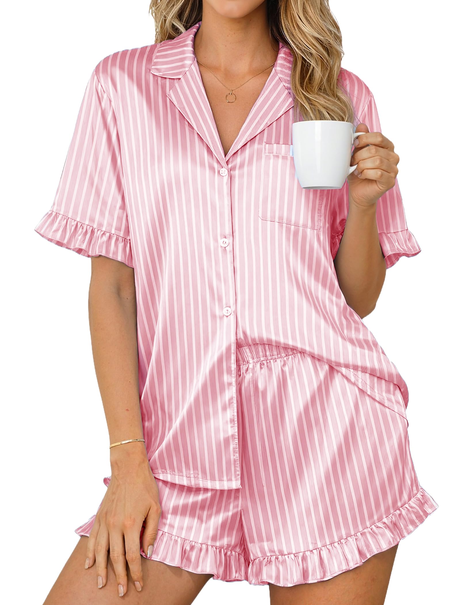 Ekouaer Womens Satin Pajamas Set Button Up Silk Pjs Short Sleeve Shorts Set
