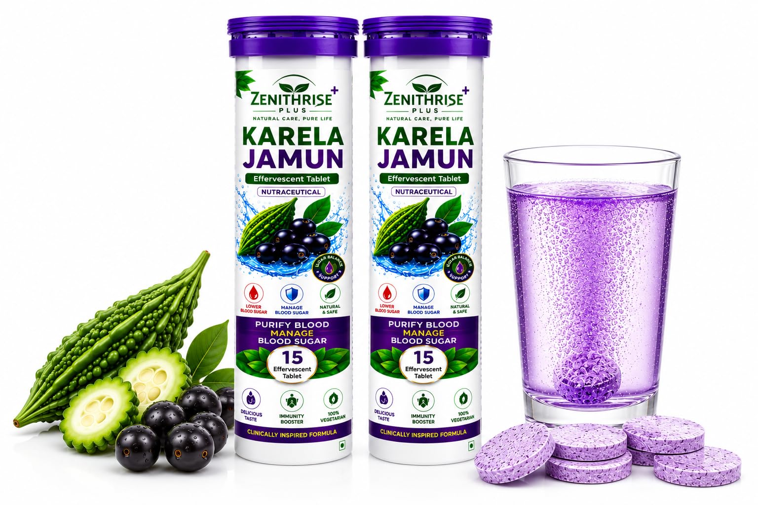 Karela Jamun Effervescent Tablets, Pack of 2 (30) Tablets | Blood Sugar Management, Immunity Booster, 100% Vegetarian, No Added Sugar, Clinically Inspired-image-30