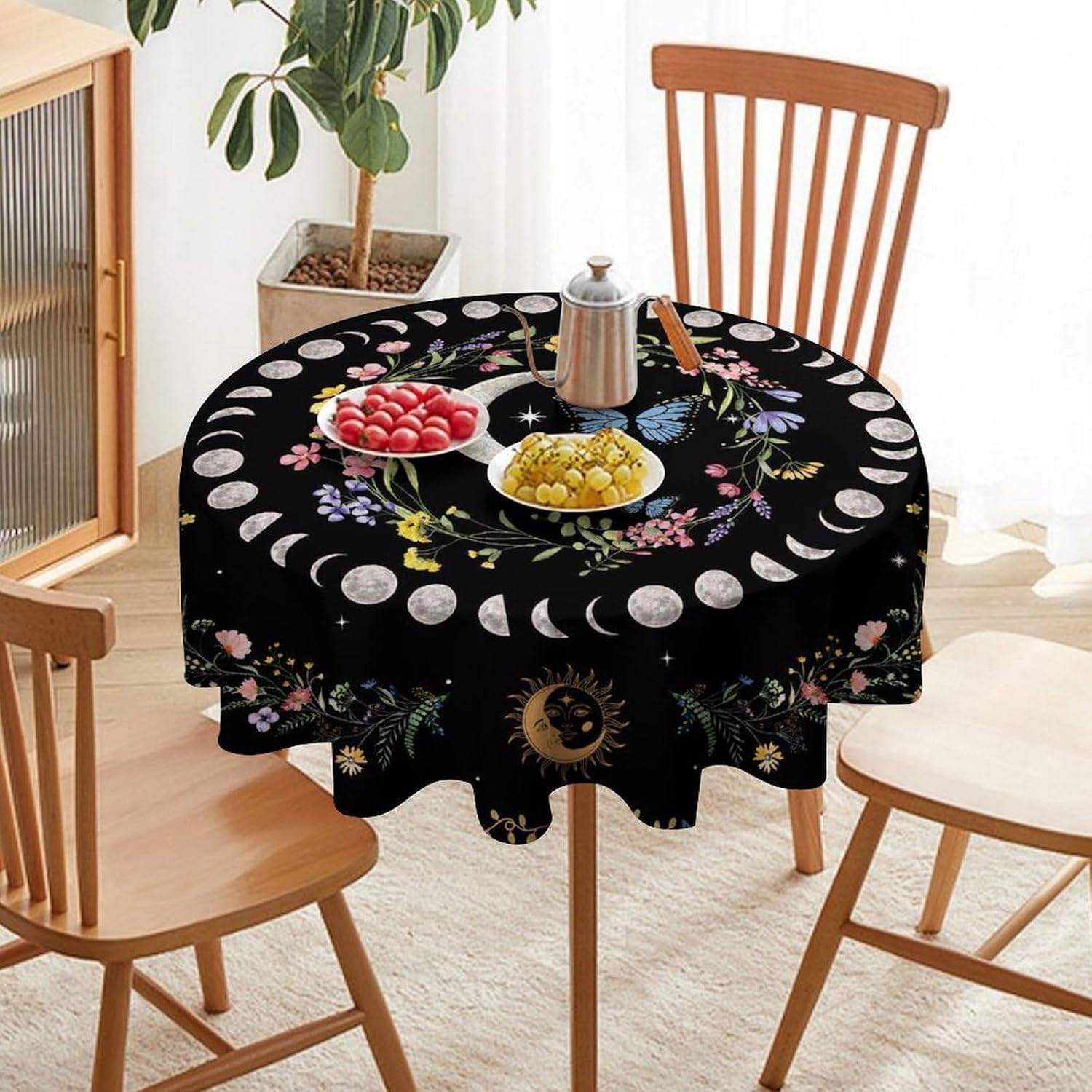 Spring Moon Round Tablecloth, Watercolor Floral Sun Moon Table Cover for Dinner Kitchen Dining Room Party, 50x50 Inch