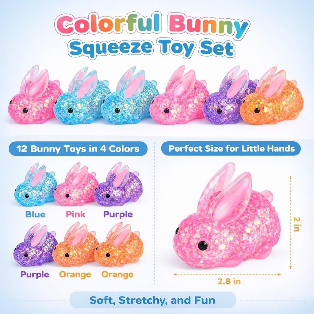 12 Pack Colorful Bunny Squishy Toys, Stress Relief Squeeze Toys Bulk, Birthday Party Favors for Kids 3-5,4-8, Boys Girls Party Supplies Novelty Prizes Classroom Gifts