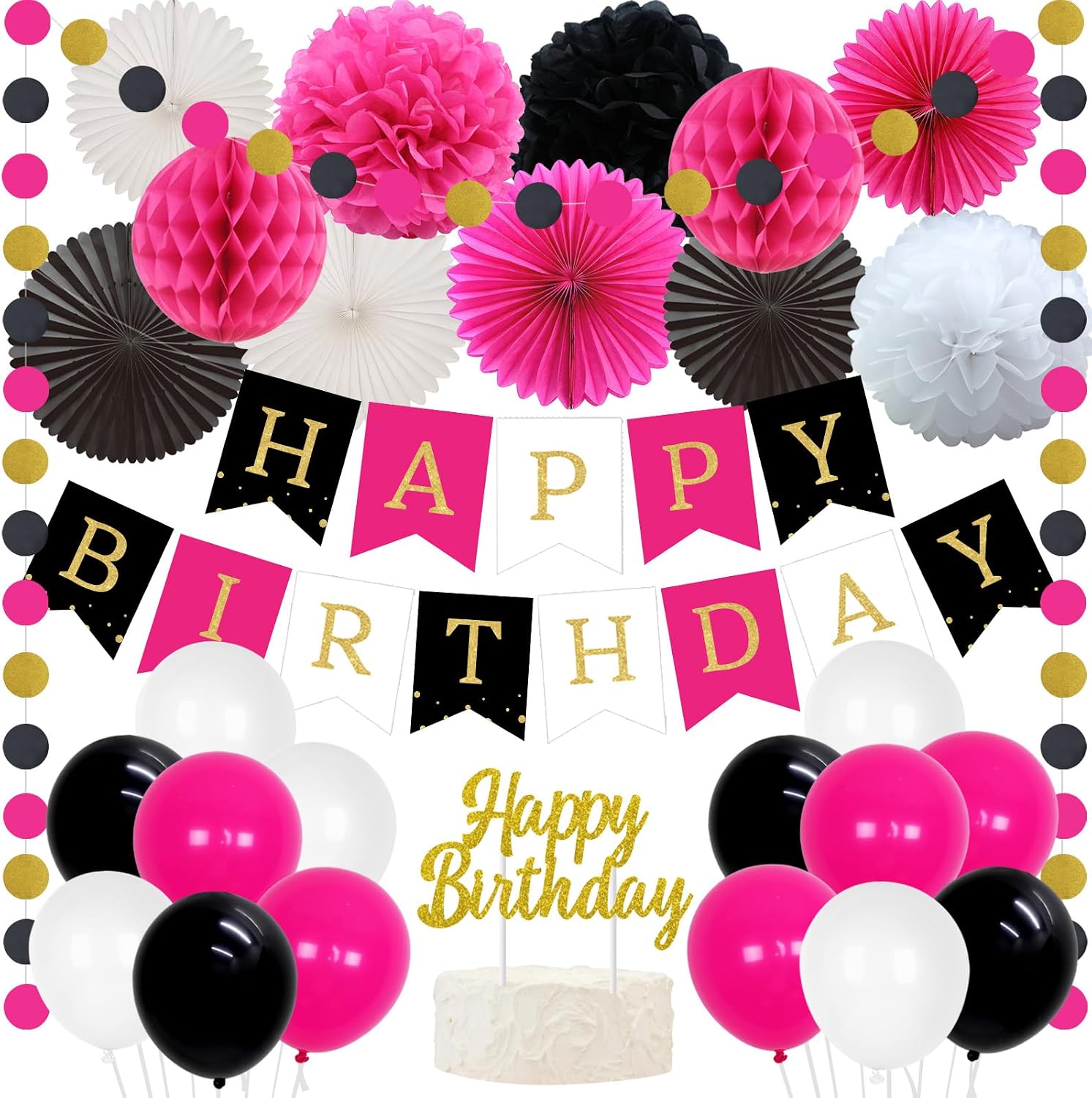 16th Birthday Decorations for Girls Hot Pink and Black Gold Happy Birthday Bunting Banner Tissue Pom Poms Paper Fans Circle Dots Sweet 16 Party Supplies