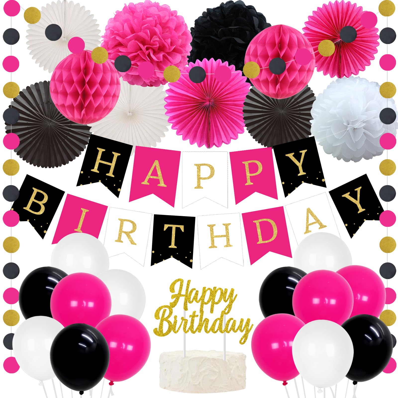 Pack Of 17 Pink Gold White Paper Pom Poms Circle Dot Garland Triangle Flag Banne