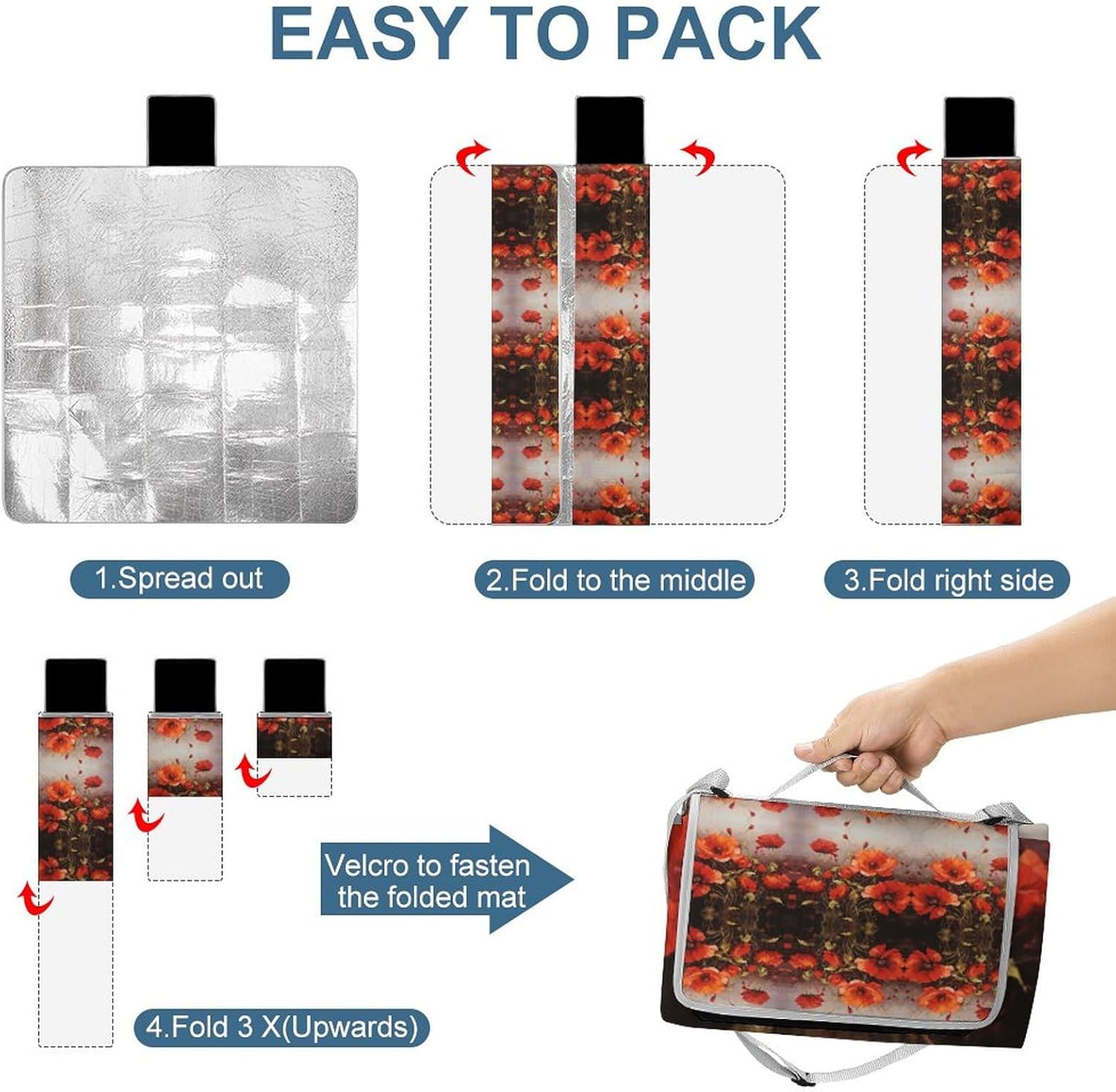 Outdoor Picnic Blanket,Oil Painting Red Flower Print Picnic Blankets,Large Beach Blanket Sand Free Foldable Portable Camping Blanket, 58.3x58.3