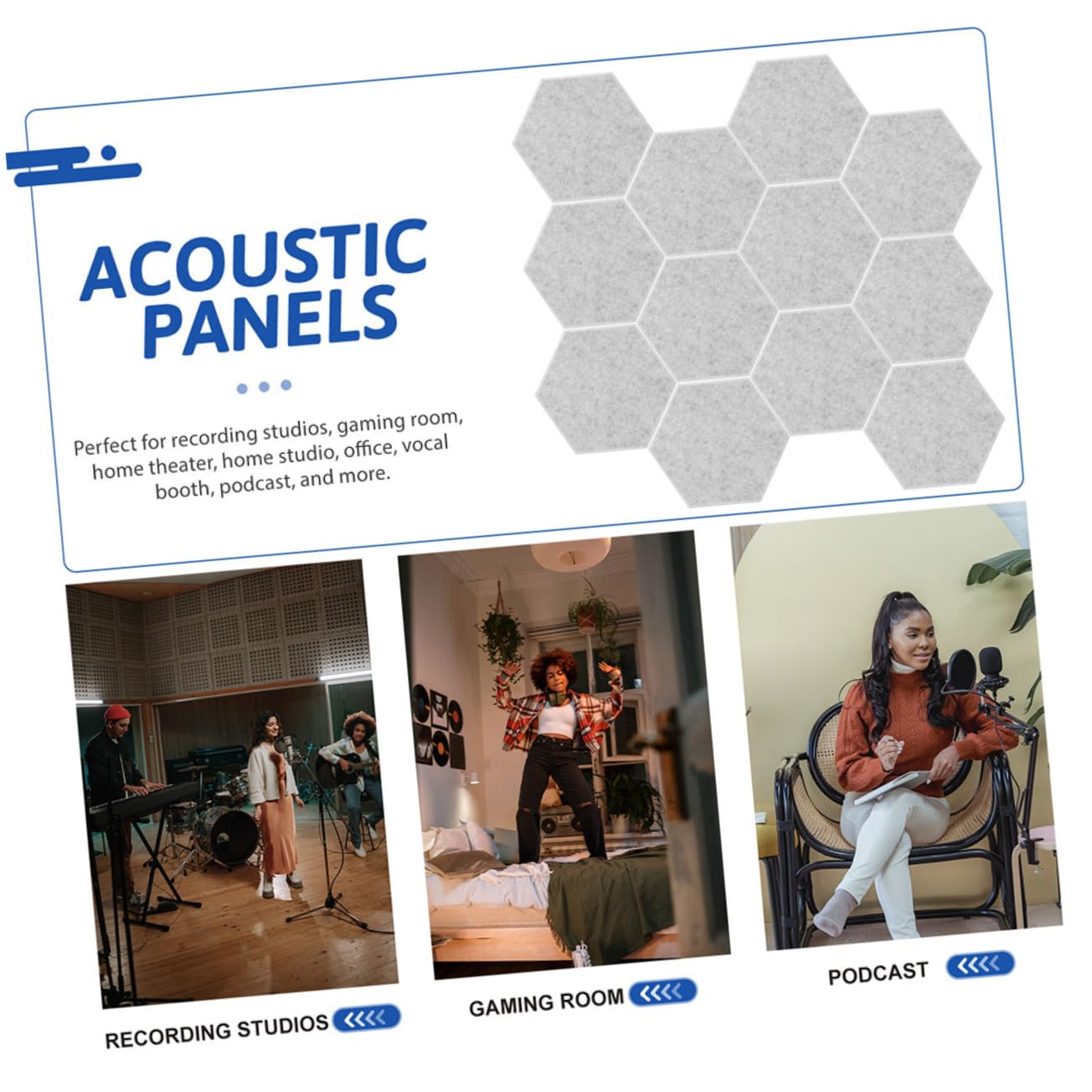 Kisangel Paneles Acústicos Hexagonales Paquete de 12 Unidades de Fibra de Poliéster Absorción de Sonido y Resistencia al Impacto para Oficina y Podcast