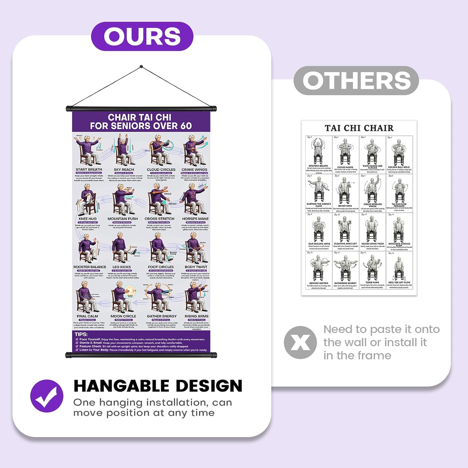 Chair Tai Chi Workout Chart, Guided Breathing Movement Instructions | Chair Tai Chi for Seniors,Waterproof Foldable with Hanging Kit,Instructional Tai Chi Wall Art for Balance & Flexibility