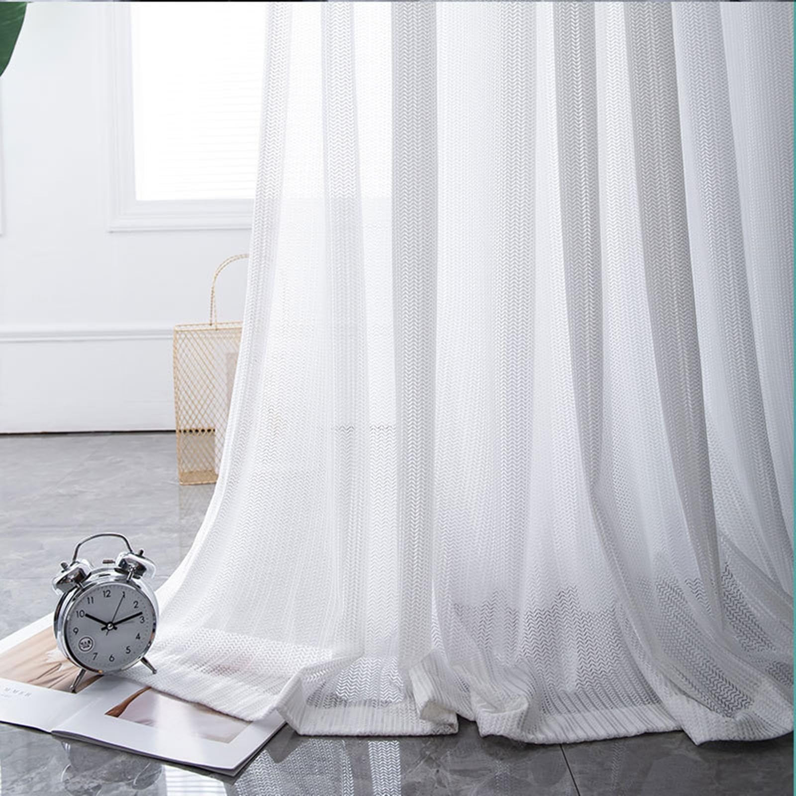 Epinki Voilage Géométrique Blanc Polyester 132x274cm Rideaux à Oeillets pour Chambre, Lot de 2