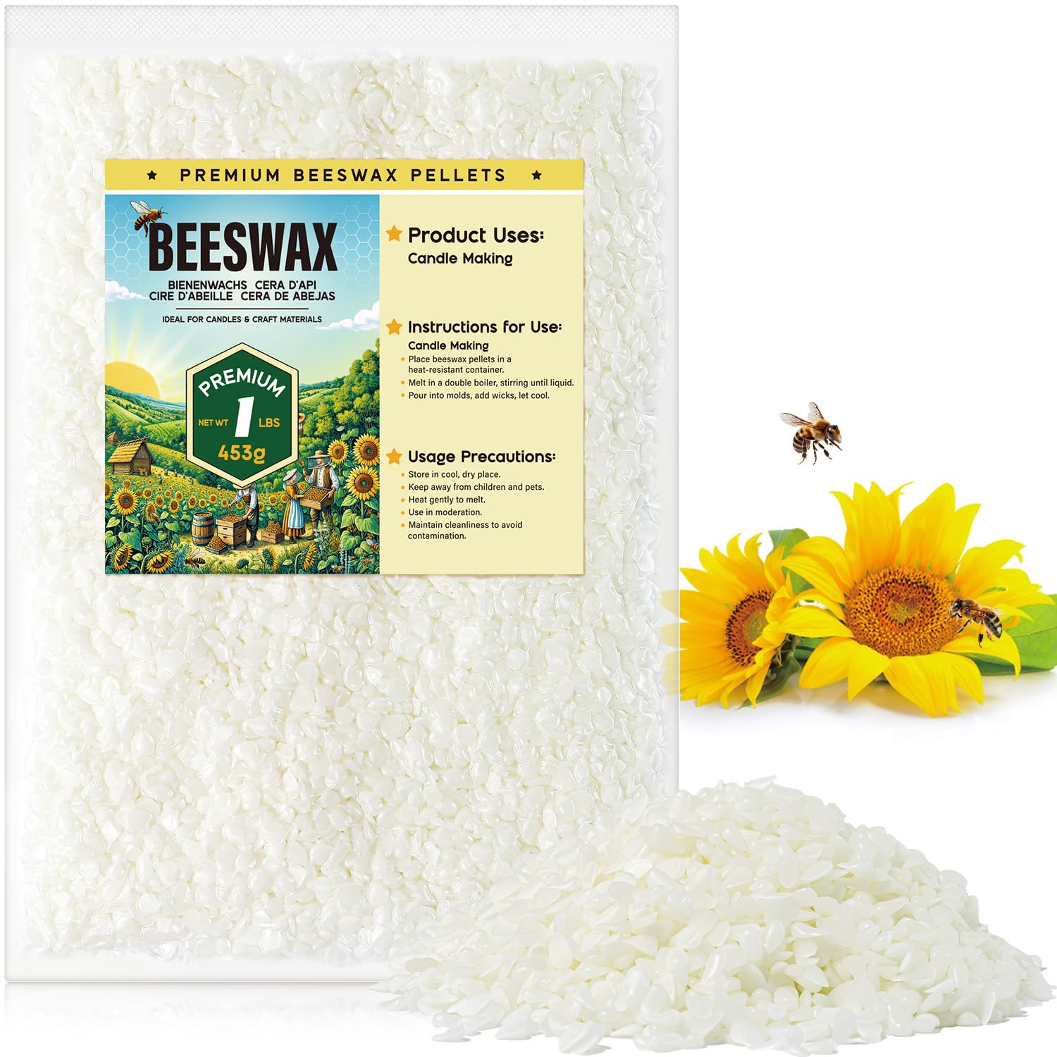 Beeswax Pellets for Candle Making - 453G/908G/2.2KG Organic Beeswax for Candles, DIY Projects, and Skin Care Supplies - 453g Yellow Beeswax — image 1