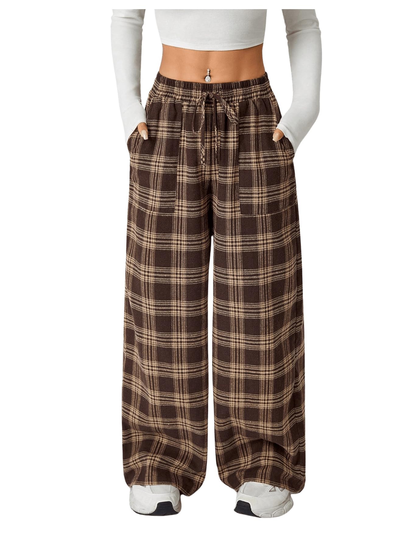 MakeMeChic Womens Plaid Wide Leg Pants Elastic Waist Tie Front Drawstring Trousers