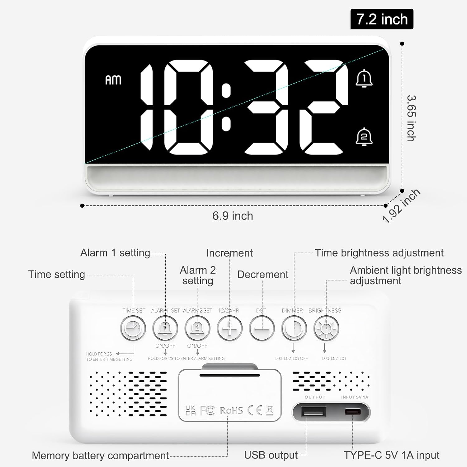 ALANAS Large Display Digital Alarm Clock for Bedrooms,RGB Color Night Light, Dual Alarms, USB Charging Port, Snooze, Adjustable Brightness, Loud Alarm for Heavy Sleepers, Simple Plug in Clocks