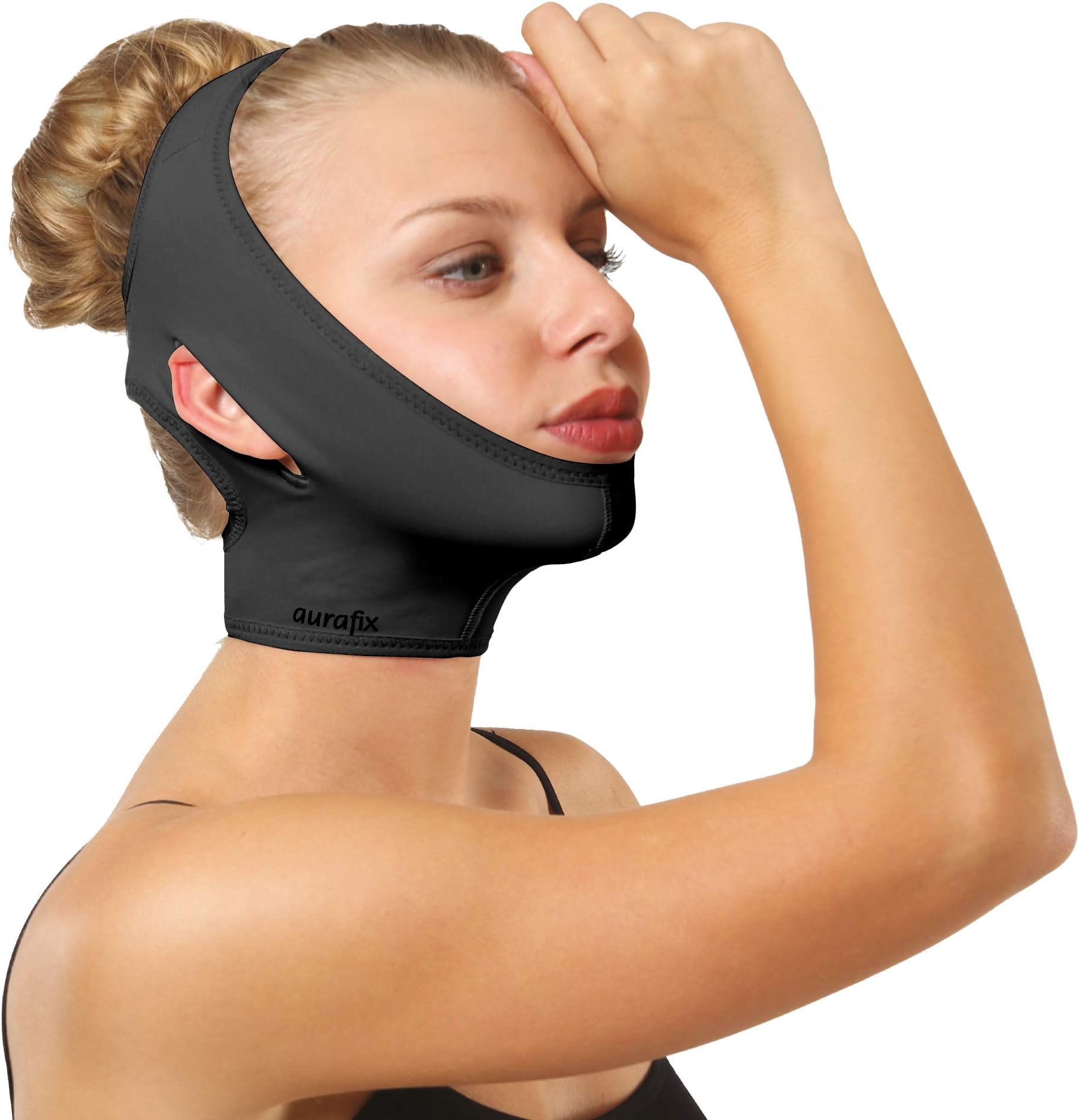 Post Surgical Chin Strap Bandage for Women - Neck and Chin Compression Garment Wrap - Face Slimmer, Jowl Tightening, Chin Lifting (Black, L)