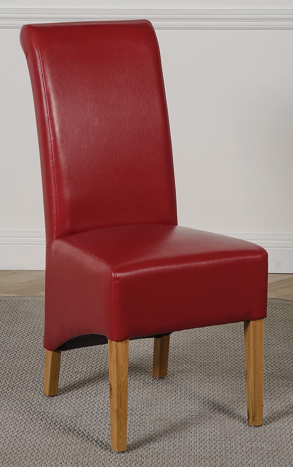 Oak Furniture King Montana Dining Chair – Burgundy Leather Upholstered Kitchen Chair with Cushion Back & Solid Oak Legs, Modern Dining Room Seating, Fully Assembled, Red