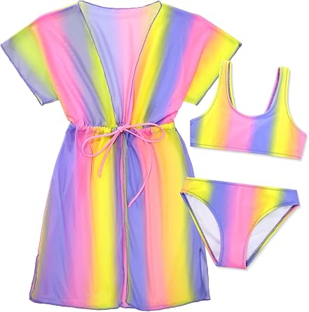 Girls Swimming Costume 3 Pieces Bikini Sets with Adjustable Cover ups Kids Bathing Suits