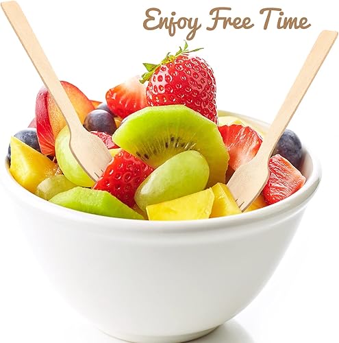 Miniatura 5 de Juego de cubiertos de madera desechables de 200 unidades de 4 pulgadas, 100 mini cucharas de madera, 100 mini tenedores de madera, utensilios de