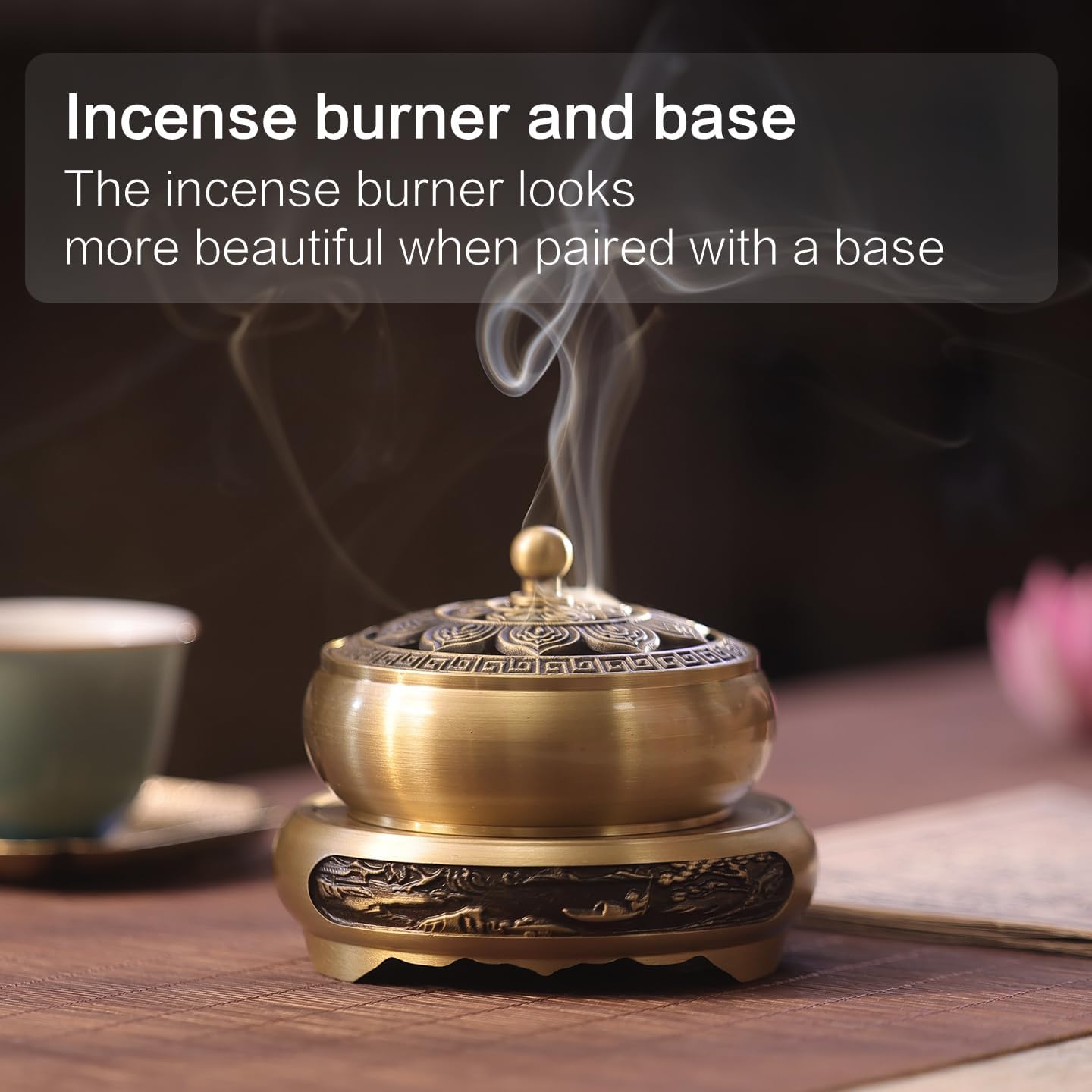 Brass Incense Burner Bowl, Lotus Shape, with Stick Holder & Incense net &Fire Cotton Incense Holder Cone Coil Incense Burner Ash Catcher with Lid for Indoor Office Décor, Handicraft Gifts,Censer