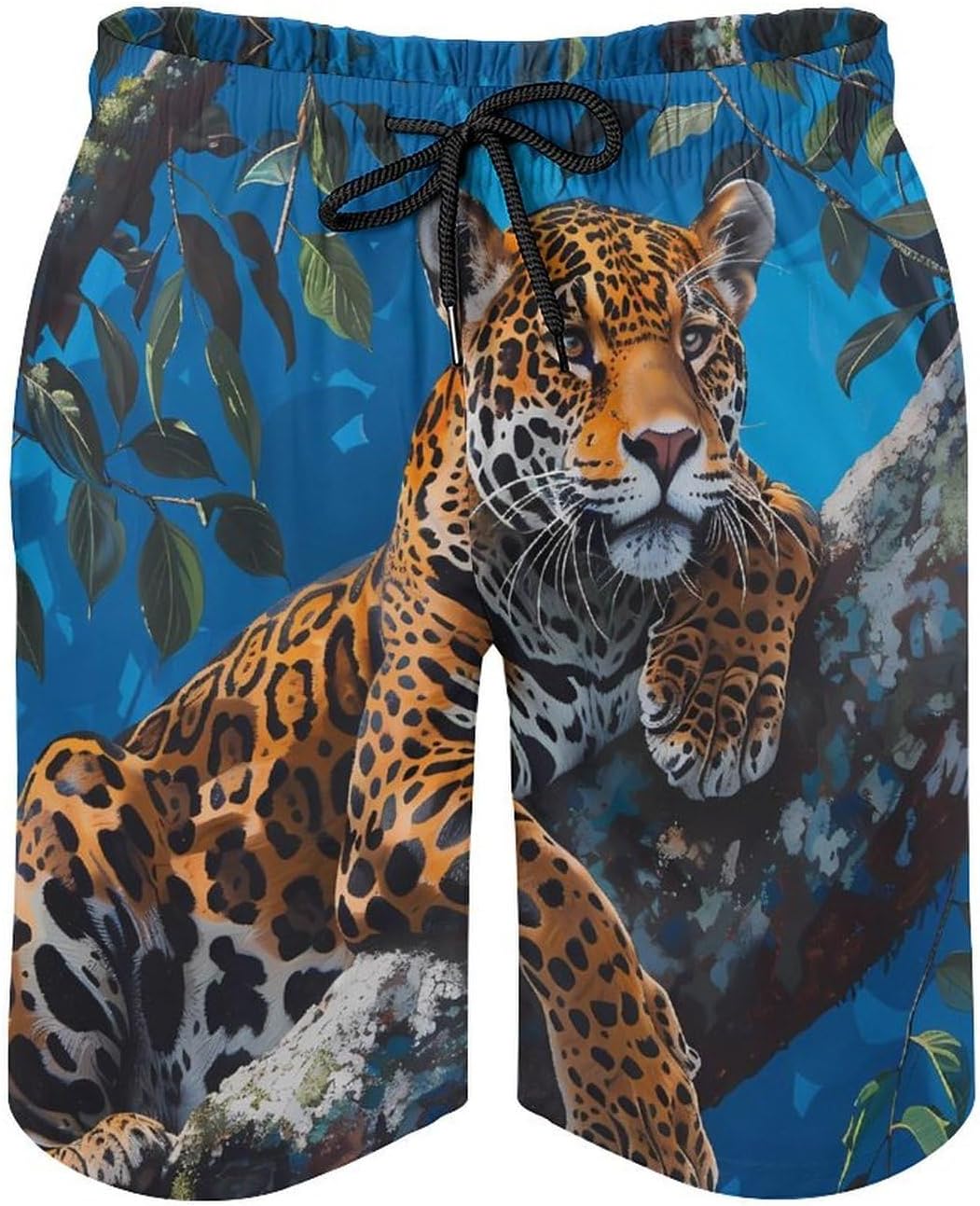 Leopard on Tree Casual Men's Swim Trunks Novelty Summer Beach Shorts Swimwear with Pocket