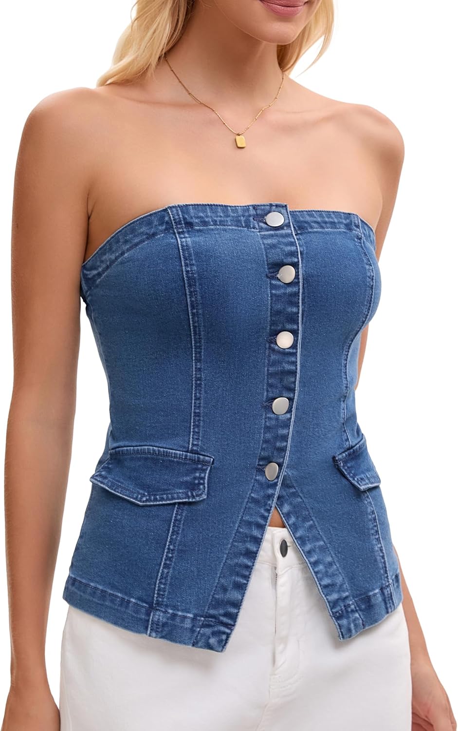 Women's Denim Tube Tops Button Front Elastic Back Crop Strapless Bandeau Top