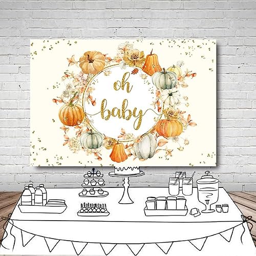 Miniatura 4 de MEHOFOND Telón de fondo de otoño de 8 x 6 pies Oh Baby Shower otoño hojas de arce calabaza fondo dorado purpurina puntos banner Blush Photobooth,