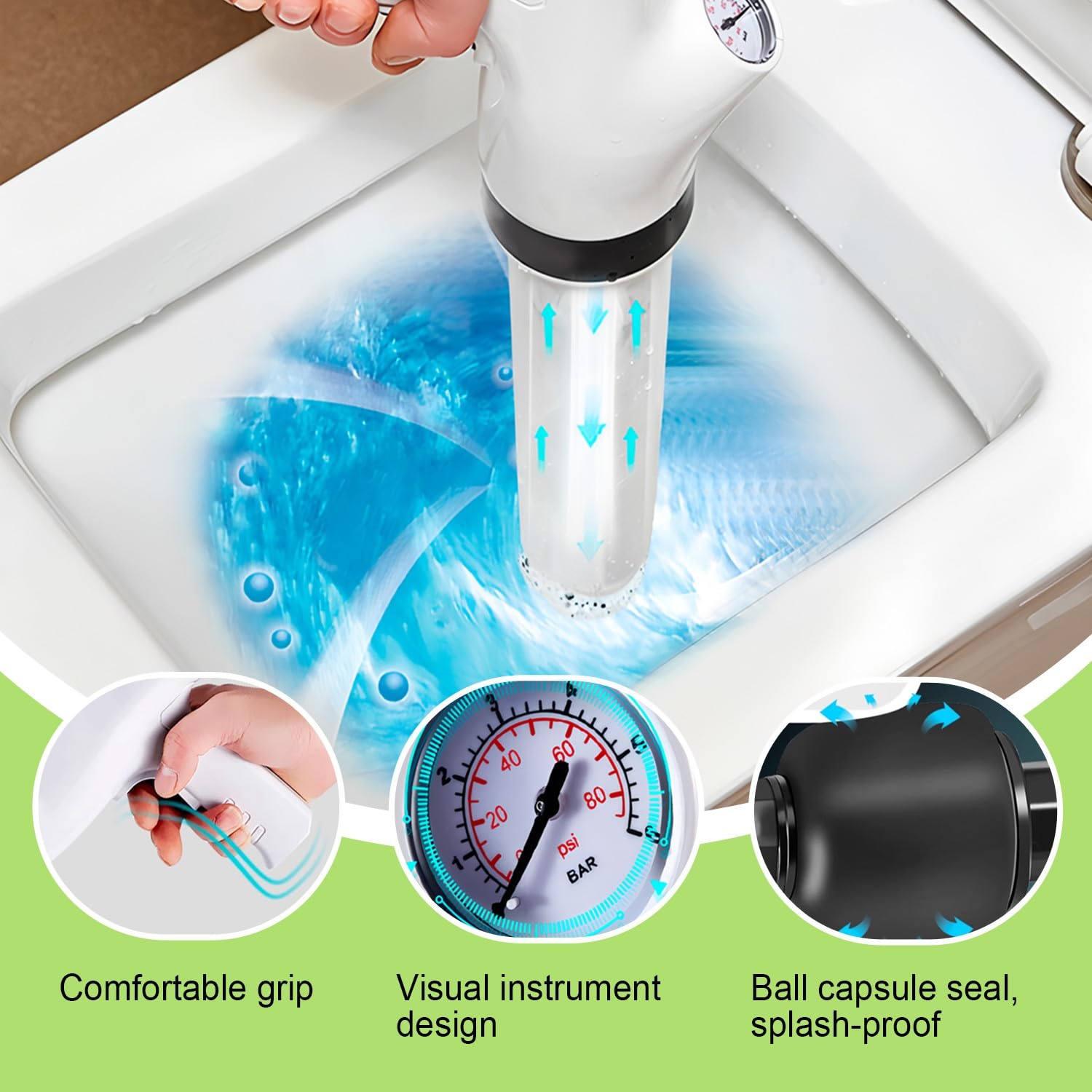 Sturalavandini a Pressione Pompa Stura Scarichi a Pressione Stantuffo Stura WC ad Aria Compressa con 4 Teste Sostituibili, Barometro, per Cucina, Vasca da Bagno, Bagno