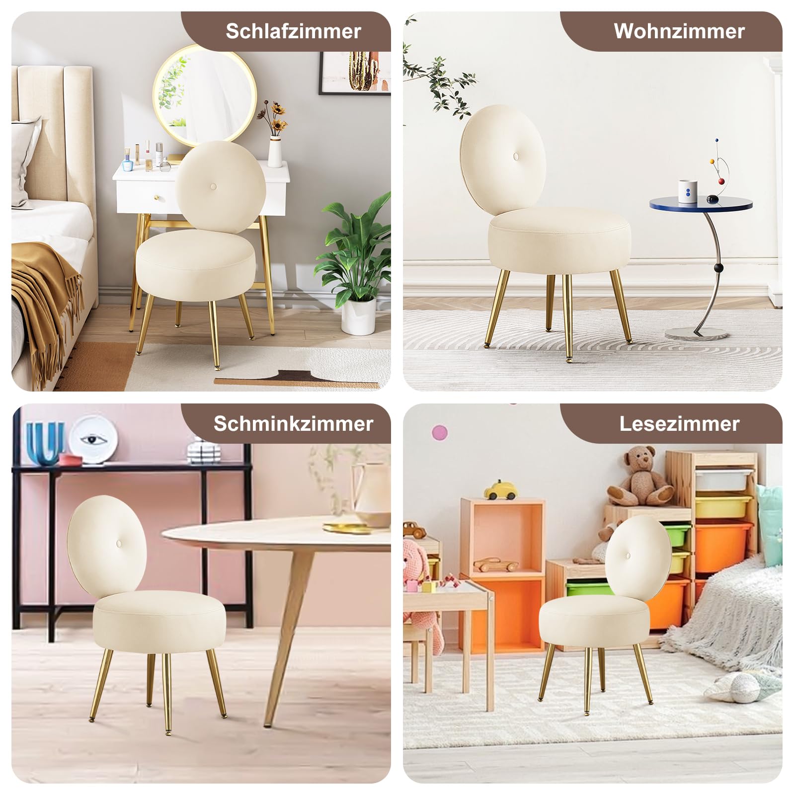 Schminkstuhl Schminktisch Stuhl, Sessel Wohnzimmer mit Rückenlehne & Verstellbaren Goldbeinen, Schreibtischstuhl Esszimmerstuhl Samt für Schlafzimmer Wohnzimmer Kinderzimmer Homeoffice, Beige